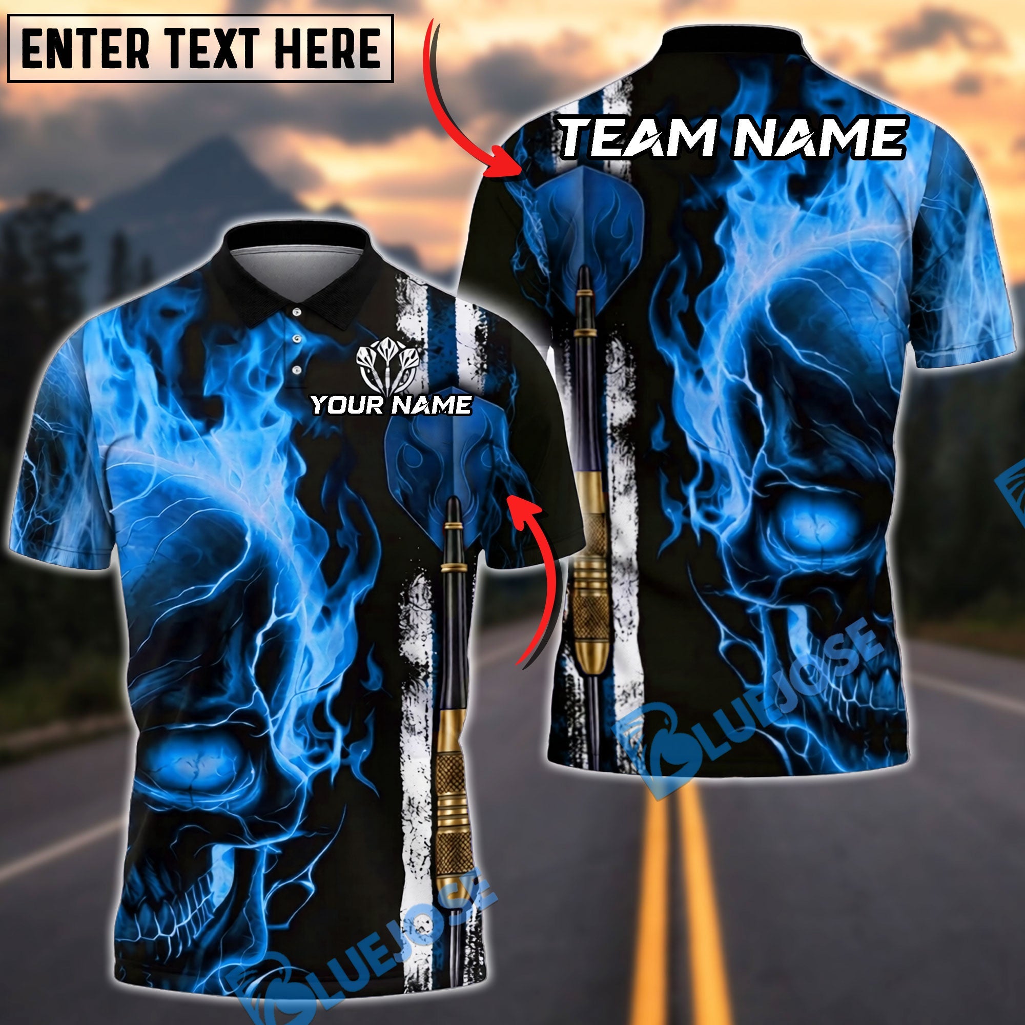 BlueJose Darts Flaming Skull Warrior Arrow Down Personalized Name, Team Name Unisex Shirt (4 Colors)