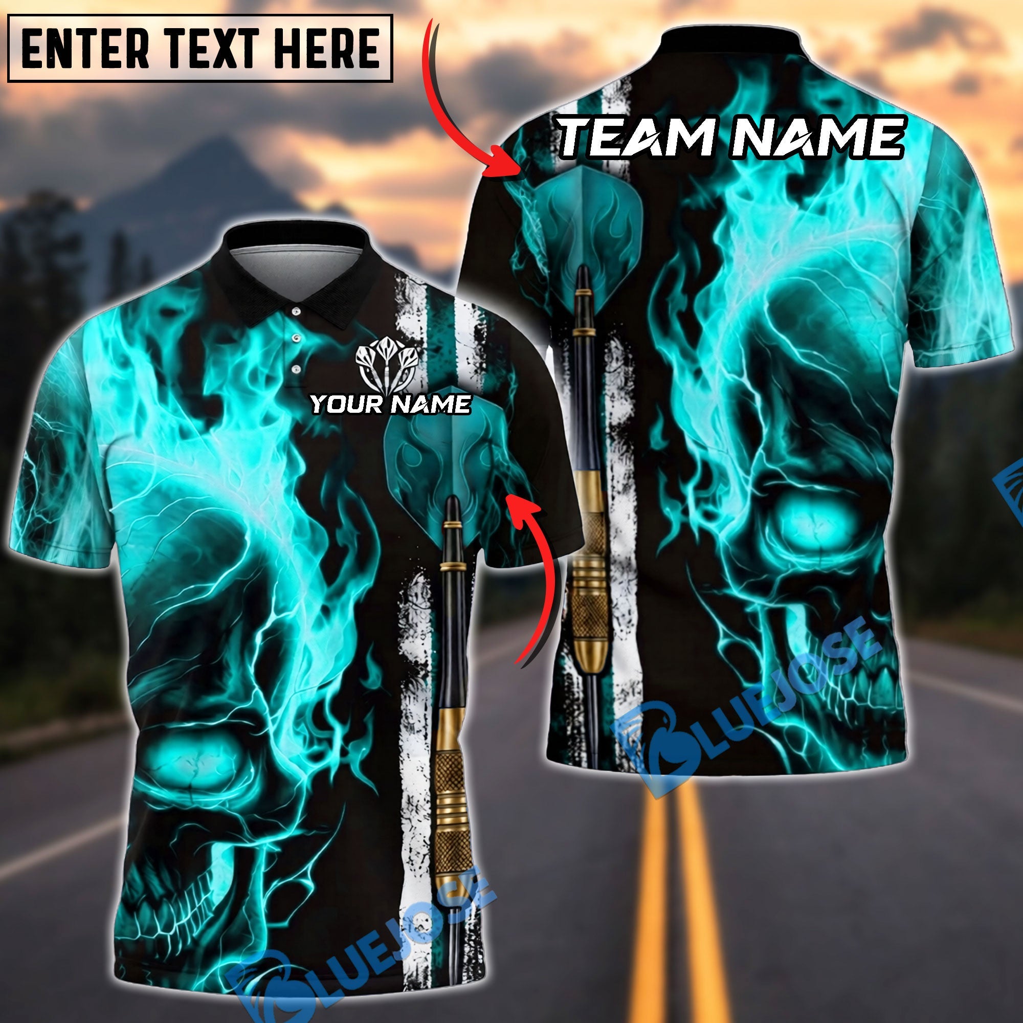 BlueJose Darts Flaming Skull Warrior Arrow Down Personalized Name, Team Name Unisex Shirt (4 Colors)