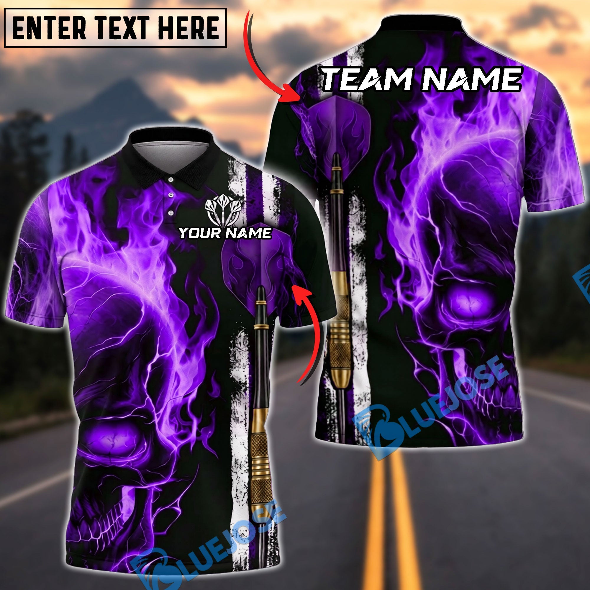 BlueJose Darts Flaming Skull Warrior Arrow Down Personalized Name, Team Name Unisex Shirt (4 Colors)