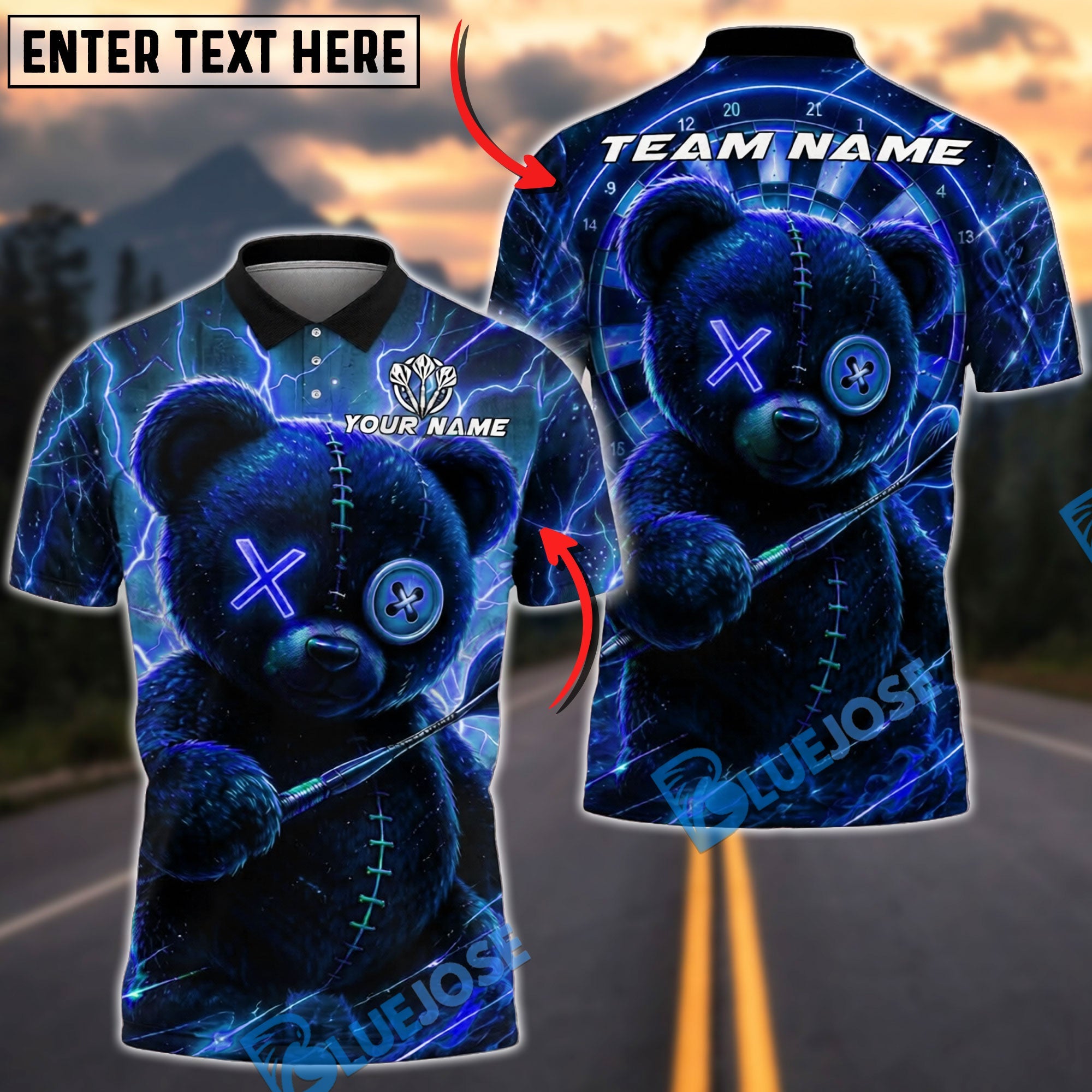 BlueJose Darts Neon Cyber Teddy Bear Personalized Name, Team Name Unisex Shirt (4 Colors)