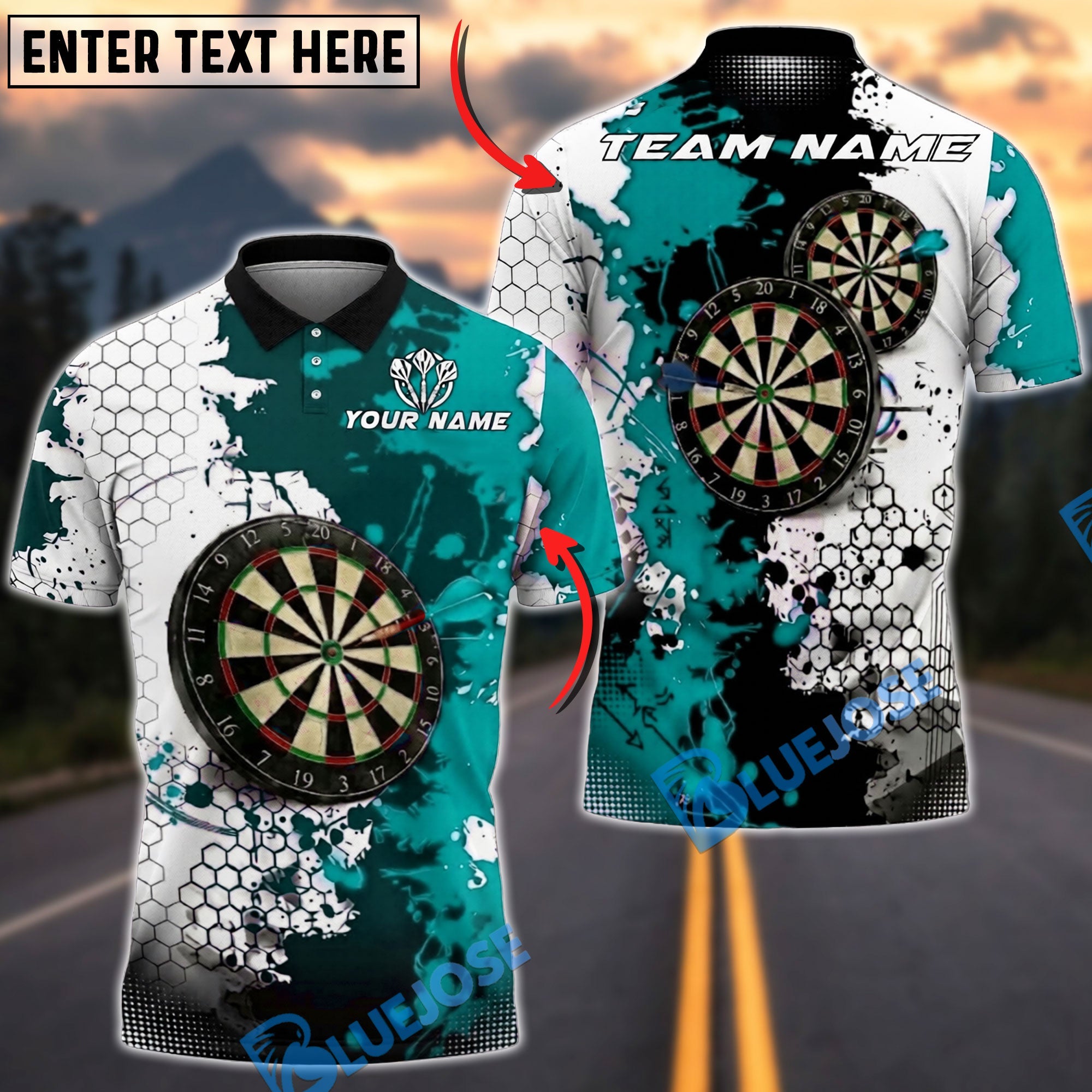 BlueJose Darts White Hexagon Splash Graphic Personalized Name, Team Name Unisex Shirt (4 Colors)