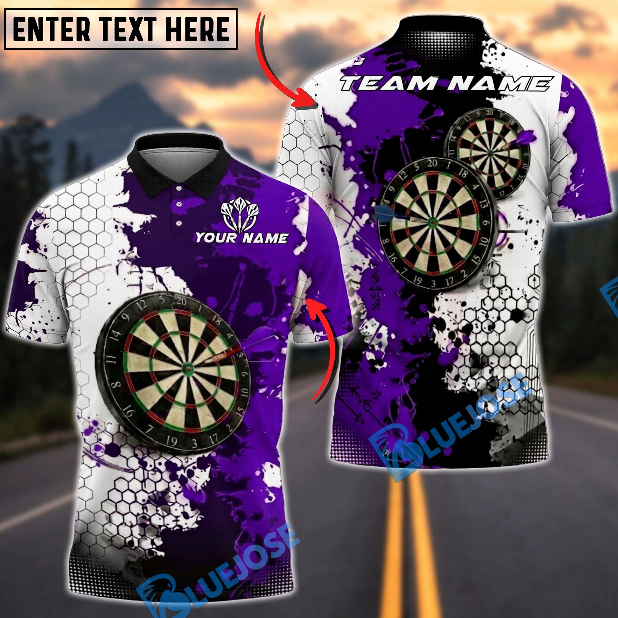 BlueJose Darts White Hexagon Splash Graphic Personalized Name, Team Name Unisex Shirt (4 Colors)