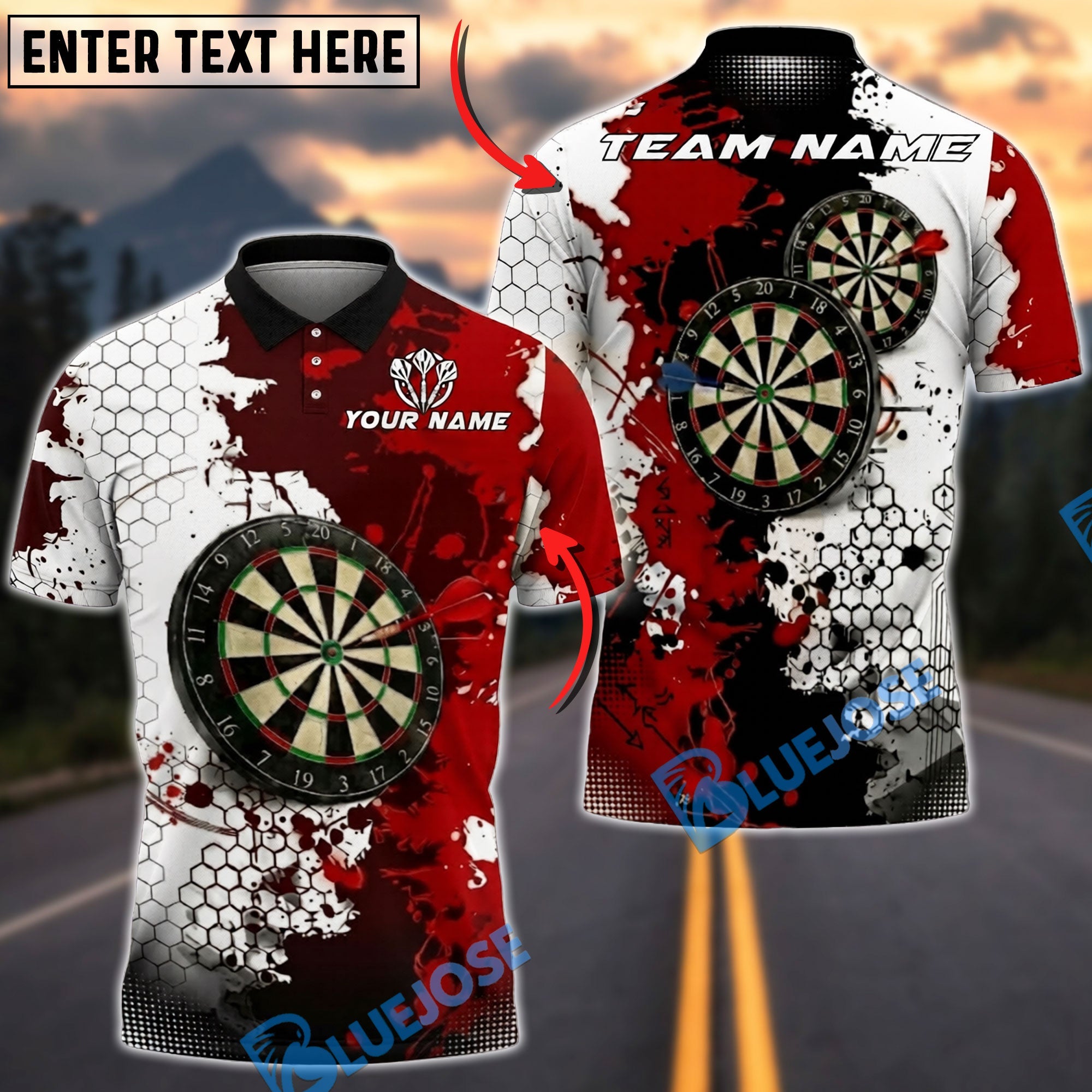 BlueJose Darts White Hexagon Splash Graphic Personalized Name, Team Name Unisex Shirt (4 Colors)