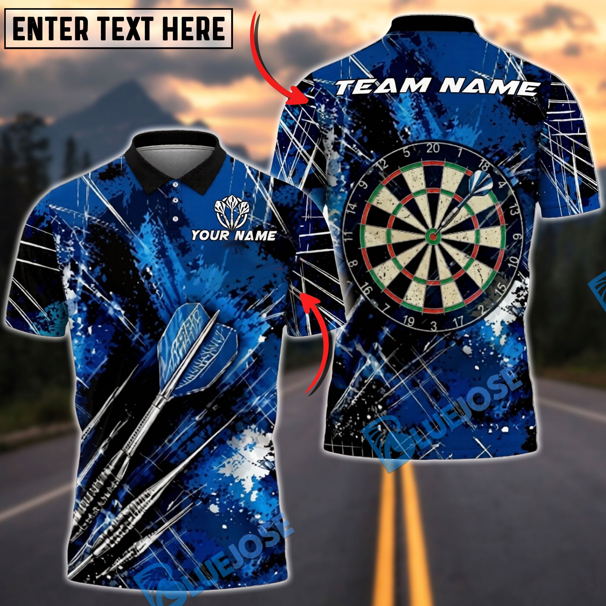 BlueJose Darts Dartboard White Dust Grunge Target  Personalized Name, Team Name Unisex Shirt (4 Colors)