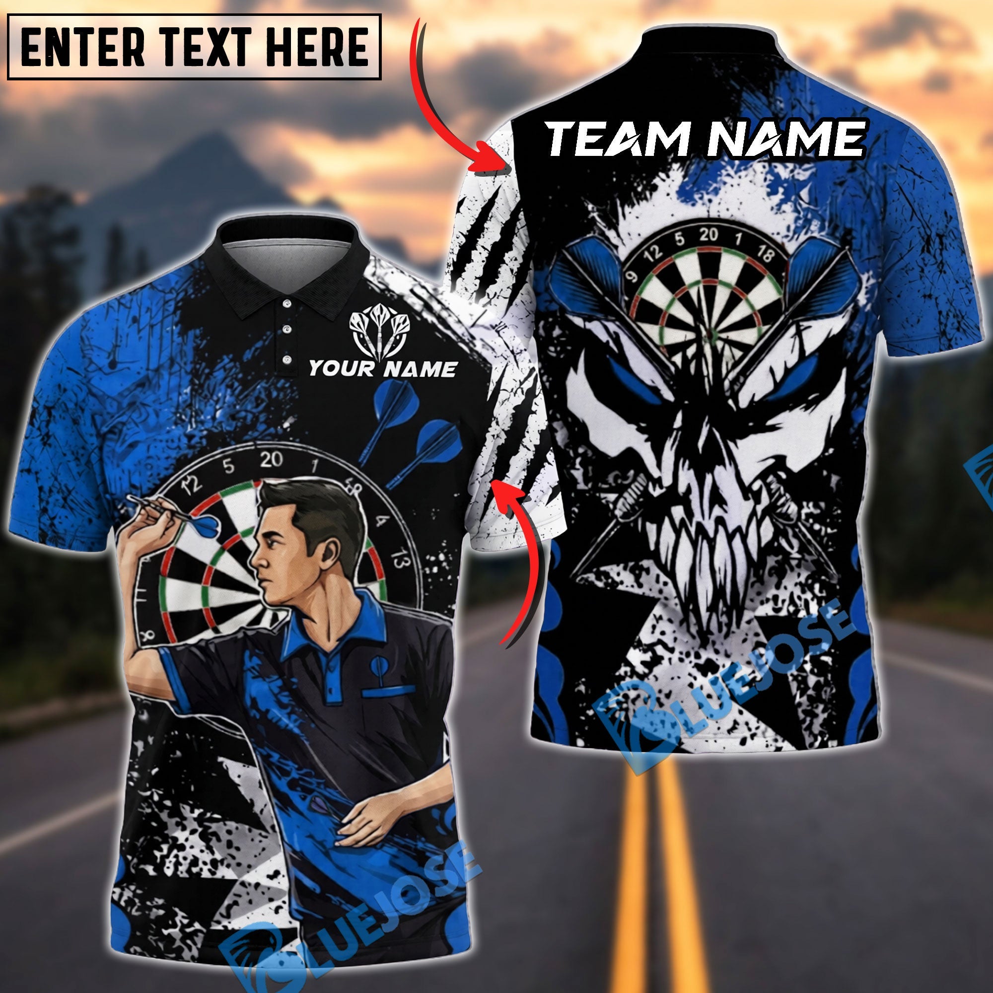 BlueJose Darts Skull Warrior Dart Player Personalized Name, Team Name Unisex Shirt (4 Colors)
