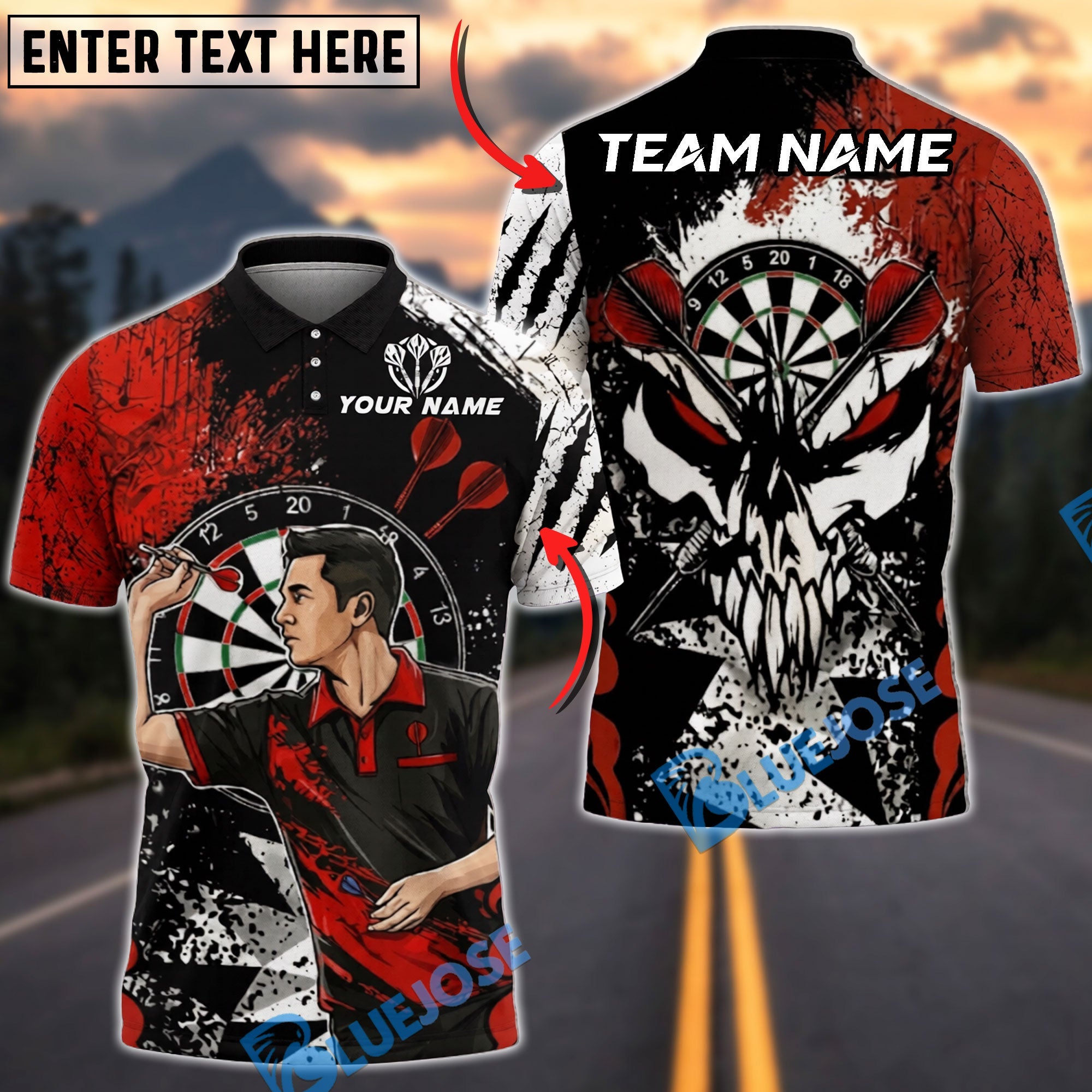 BlueJose Darts Skull Warrior Dart Player Personalized Name, Team Name Unisex Shirt (4 Colors)