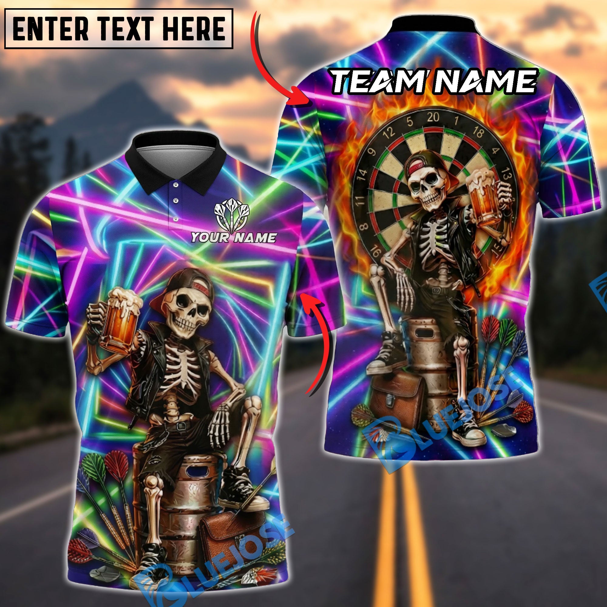 BlueJose Darts Skeleton Beer Drinker Neon Laser Personalized Name Shirt