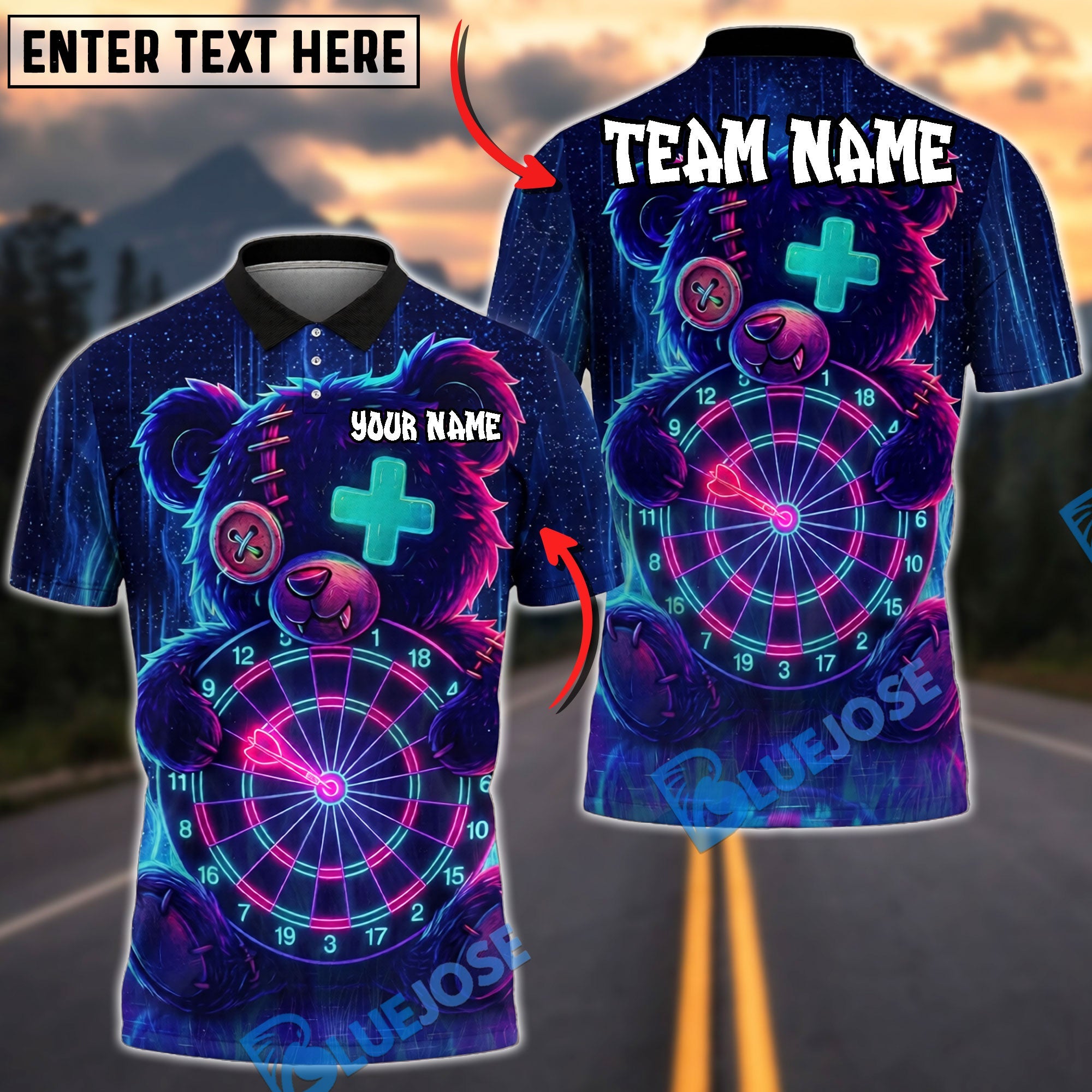 BlueJose Darts Teddy Bear Neon Glow Personalized Name, Team Name Unisex Shirt (4 Colors)