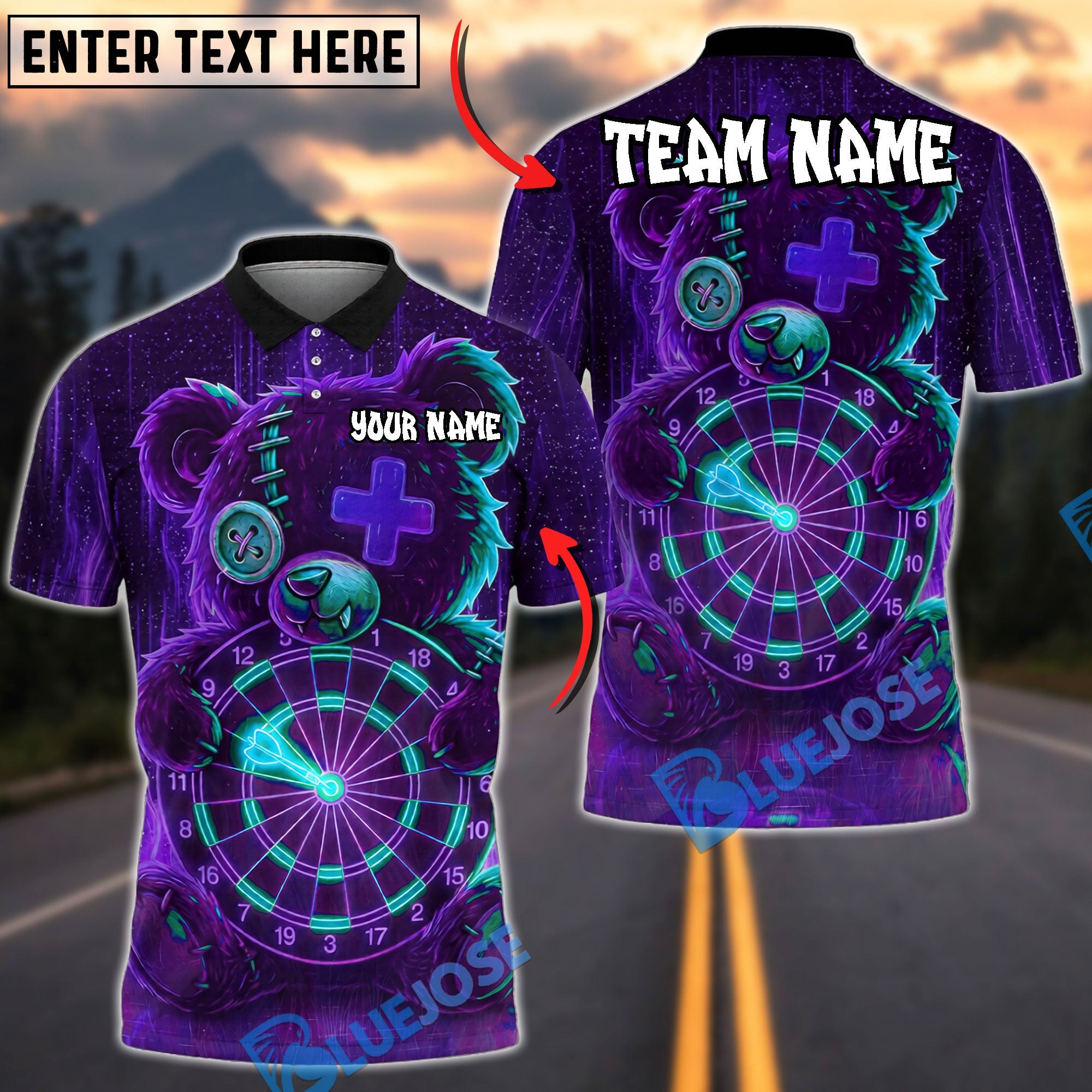 BlueJose Darts Teddy Bear Neon Glow Personalized Name, Team Name Unisex Shirt (4 Colors)