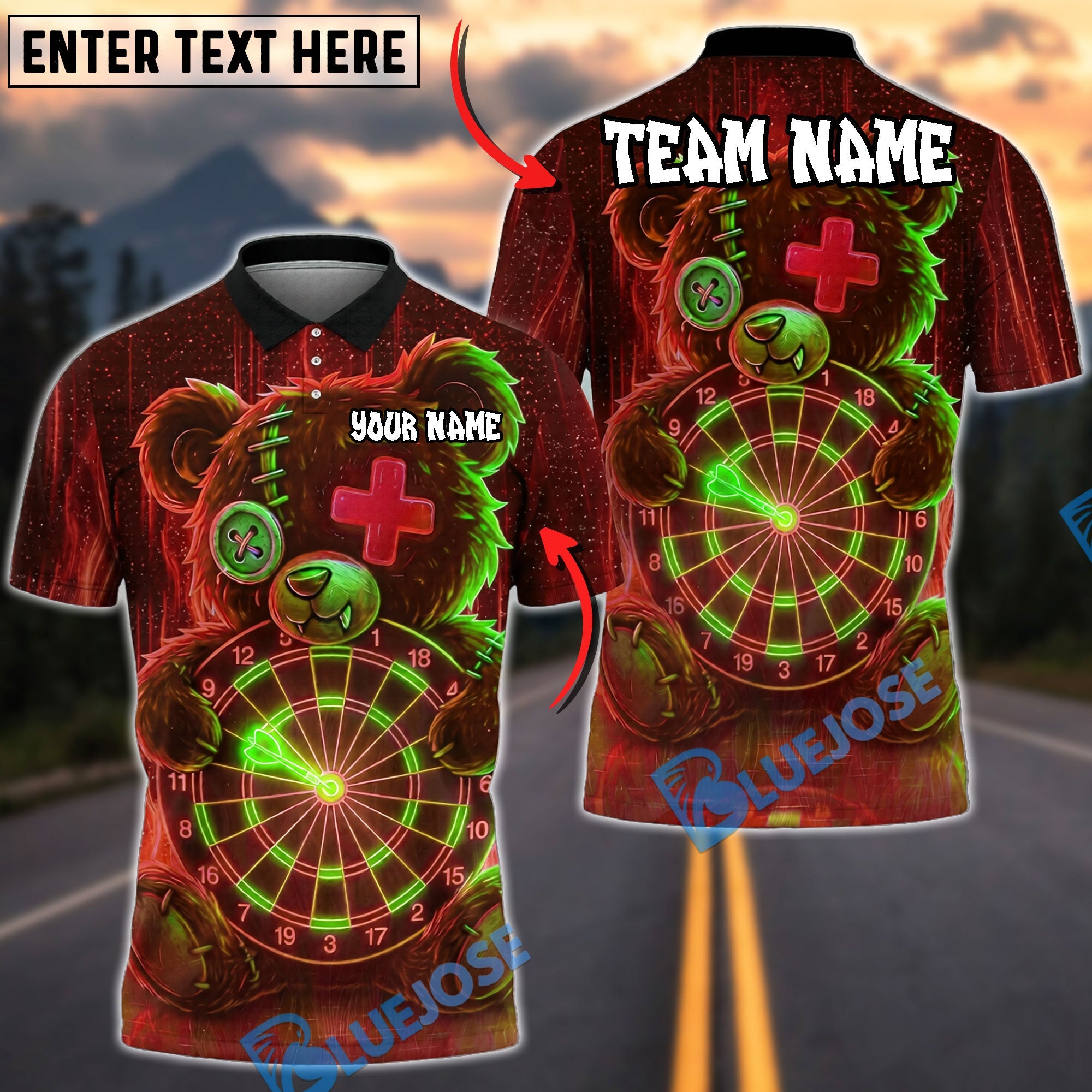 BlueJose Darts Teddy Bear Neon Glow Personalized Name, Team Name Unisex Shirt (4 Colors)