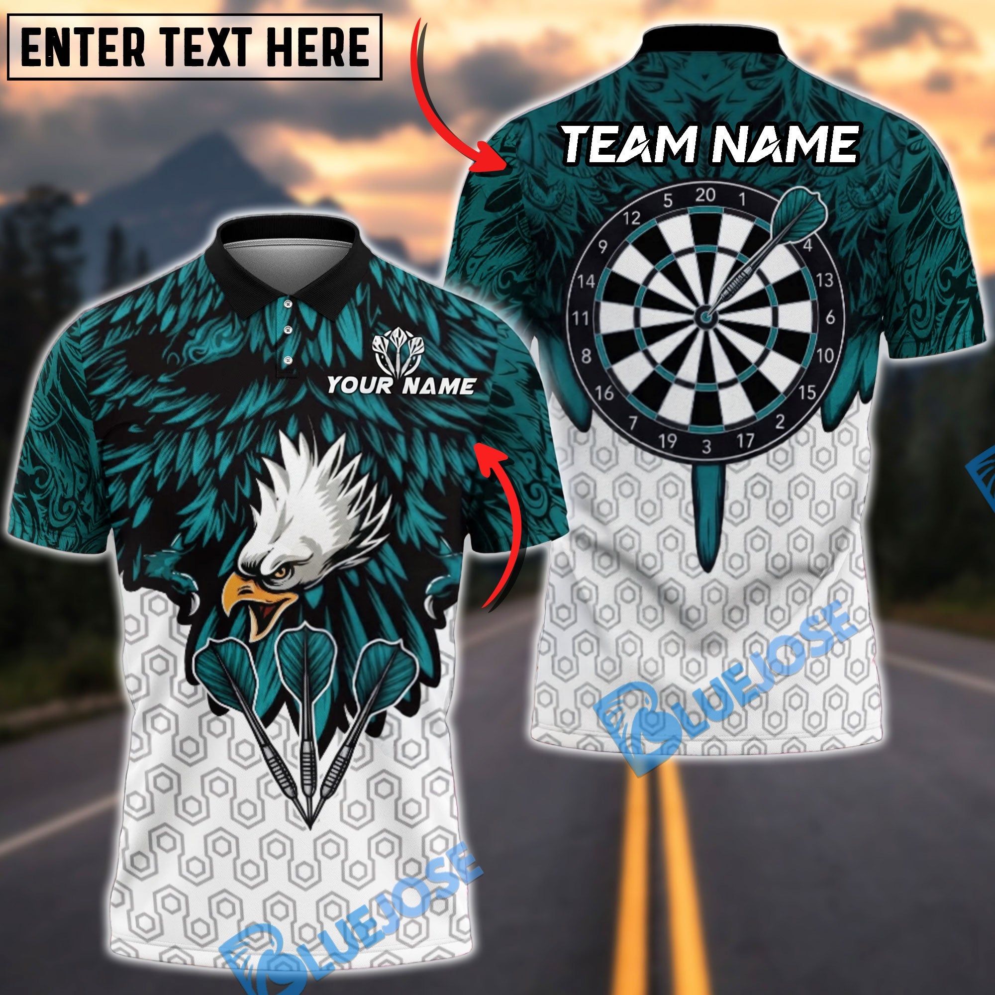 BlueJose Darts Eagle Feather Wings Personalized Name, Team Name Unisex Shirt (4 Colors)