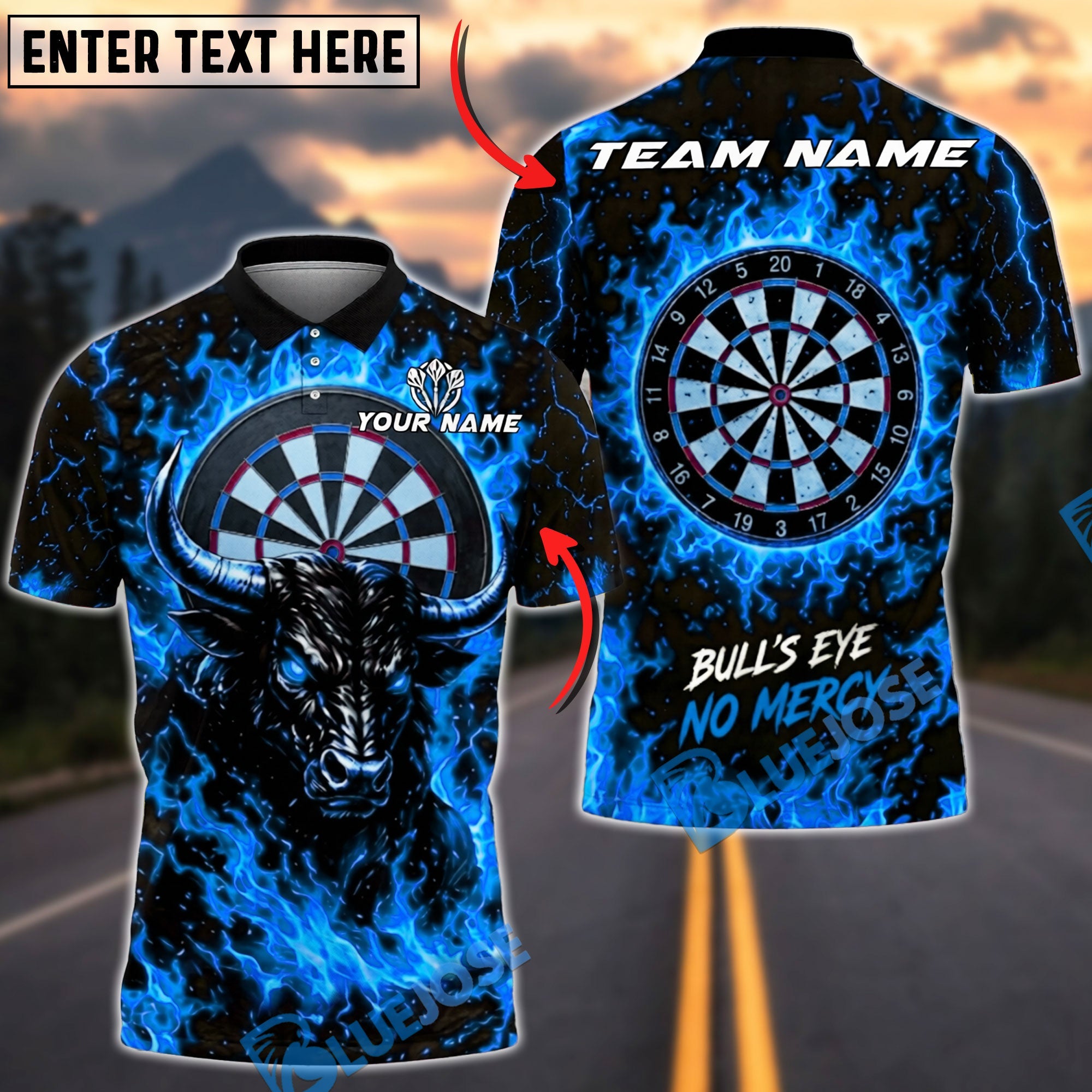 BlueJose Darts Flaming Bull Power Design Personalized Name, Team Name Unisex Shirt (4 Colors)