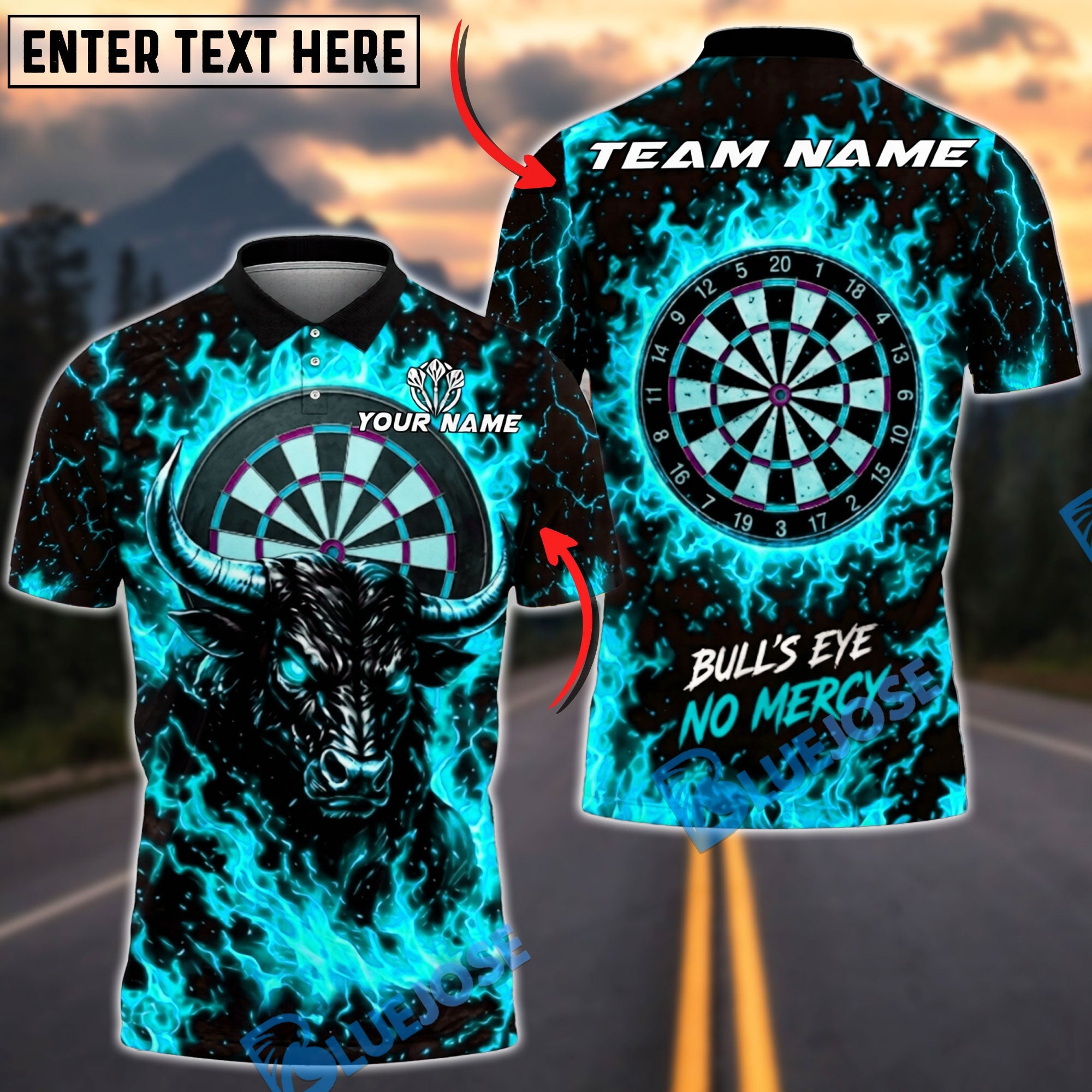 BlueJose Darts Flaming Bull Power Design Personalized Name, Team Name Unisex Shirt (4 Colors)