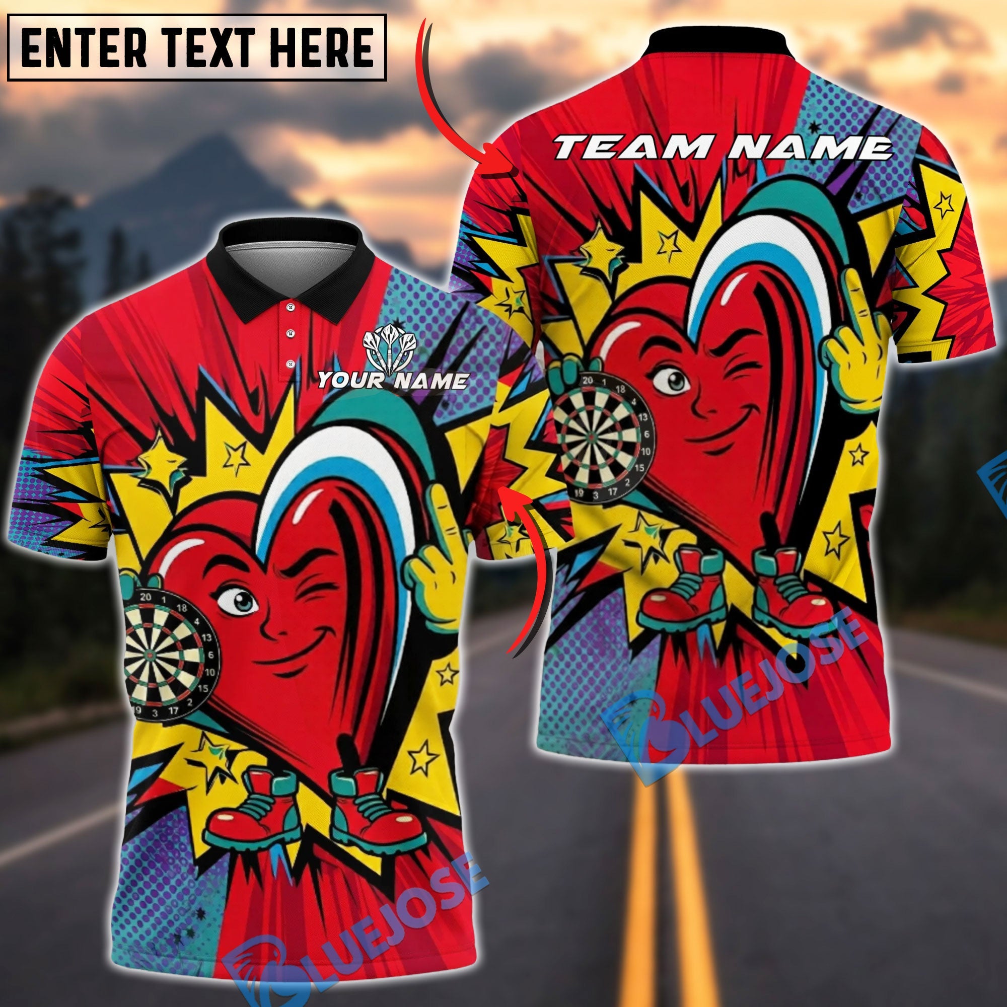 BlueJose Darts Pop Art Heart Character Personalized Name Shirt