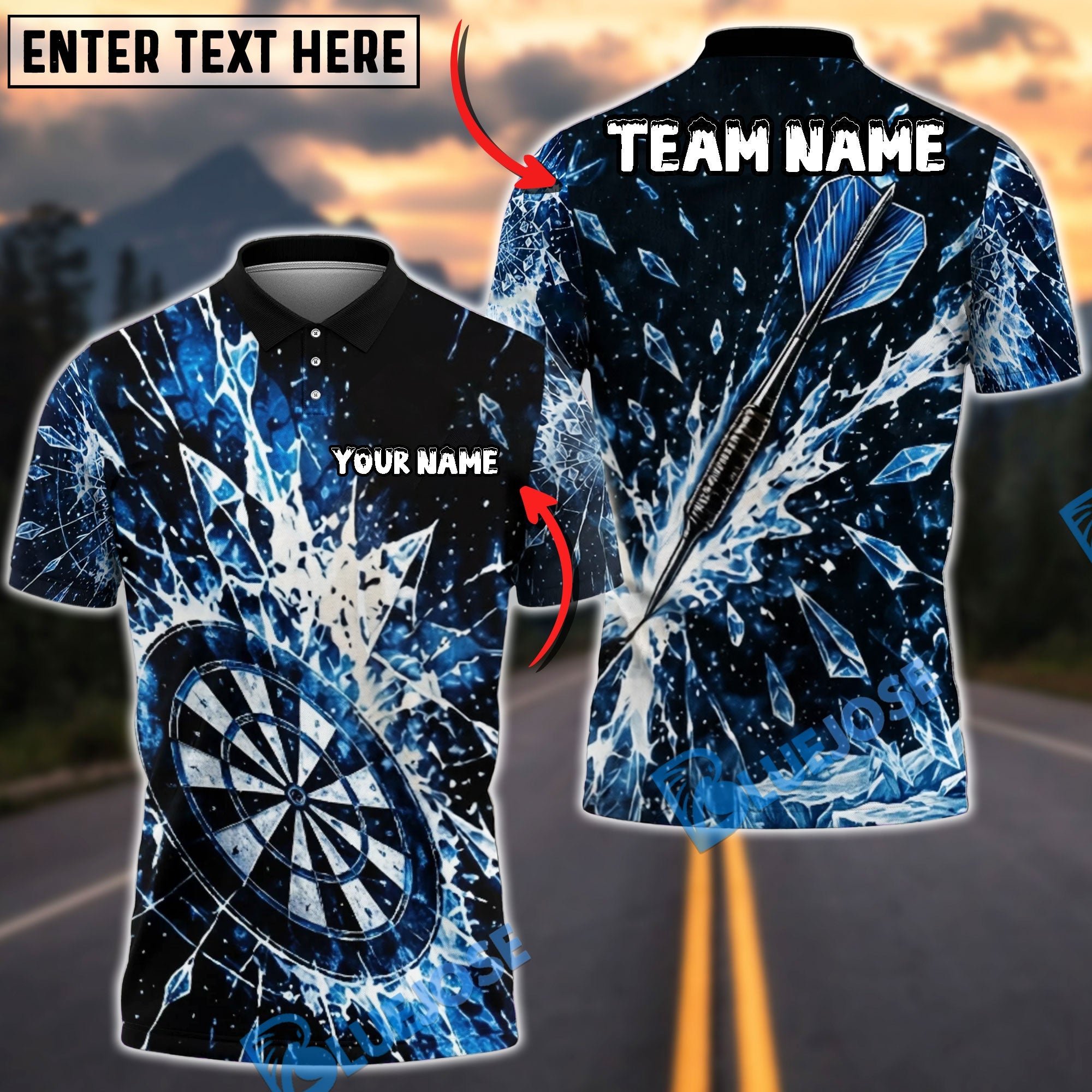 BlueJose Darts Ice Storm Dartboard Design Personalized Name, Team Name Unisex Shirt (4 Colors)