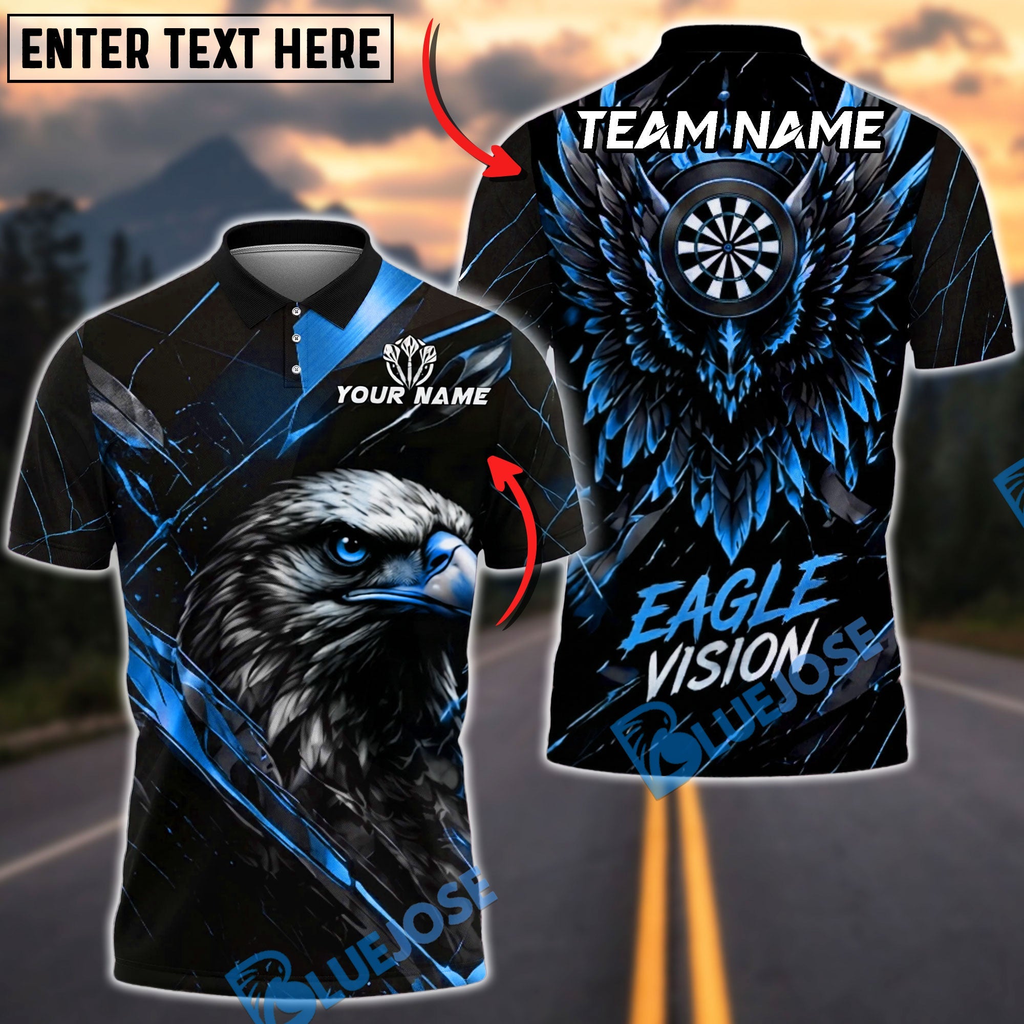 BlueJose Darts Eagle Vision Golden Wing Design Personalized Name, Team Name Unisex Shirt (6 Colors)