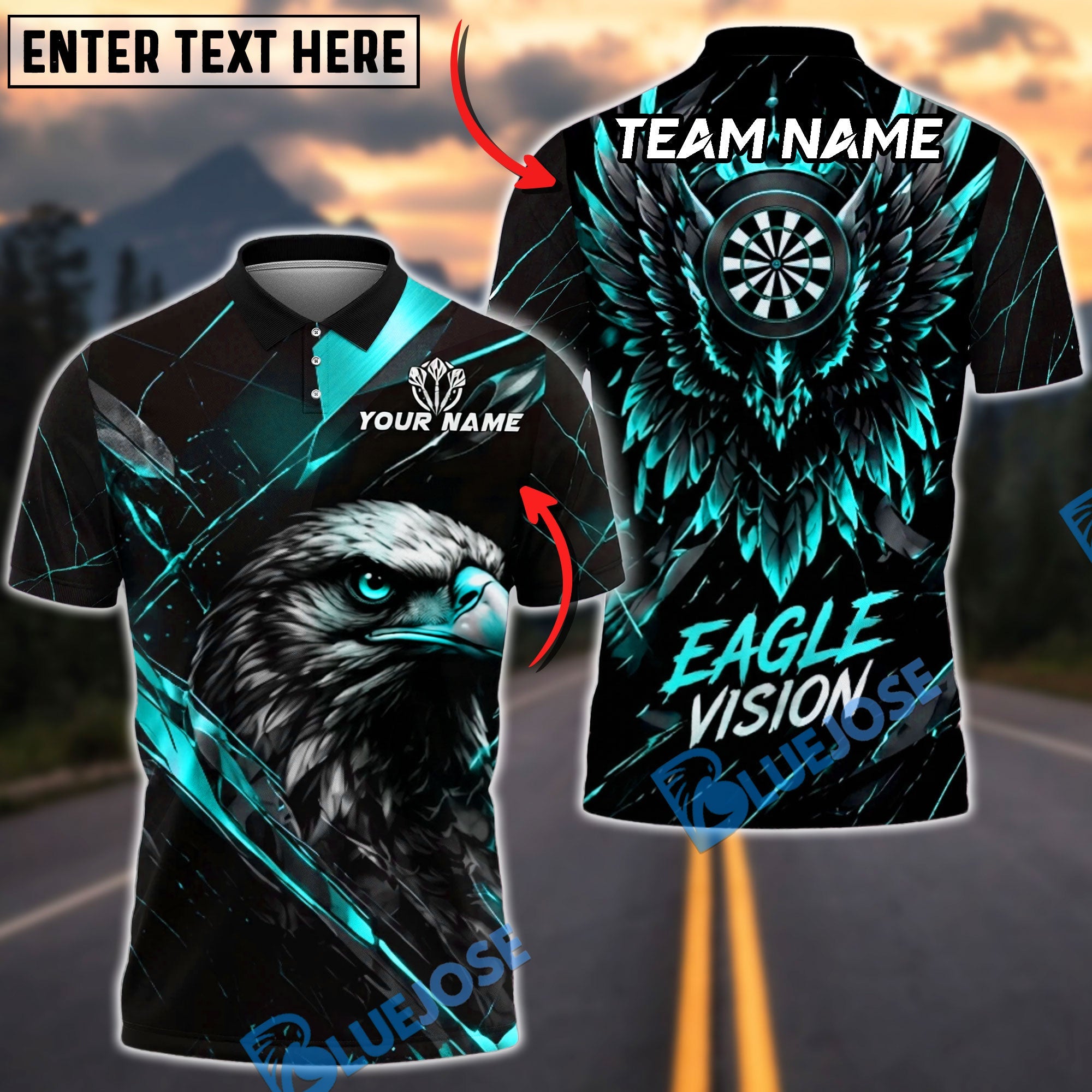 BlueJose Darts Eagle Vision Golden Wing Design Personalized Name, Team Name Unisex Shirt (6 Colors)