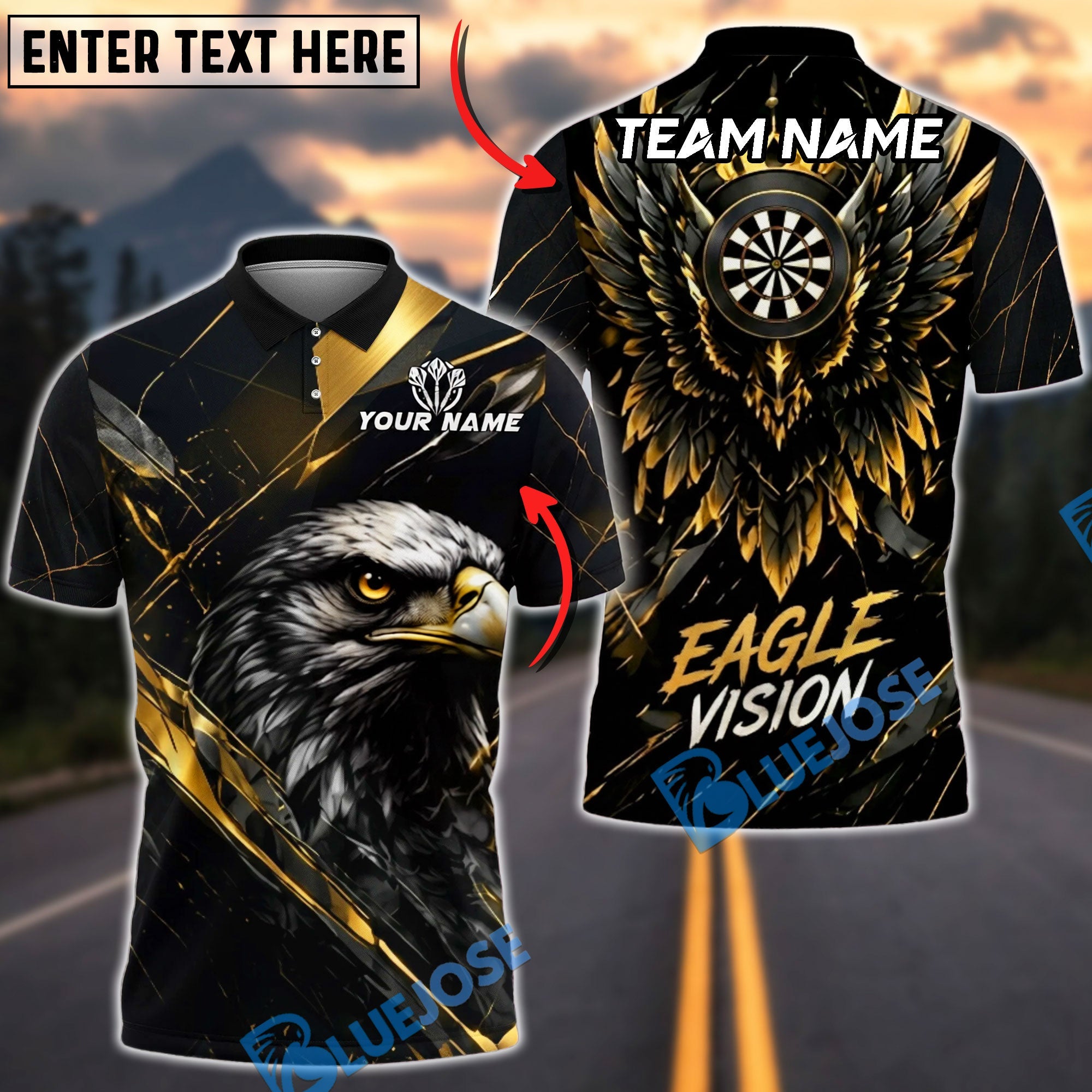 BlueJose Darts Eagle Vision Golden Wing Design Personalized Name, Team Name Unisex Shirt (6 Colors)