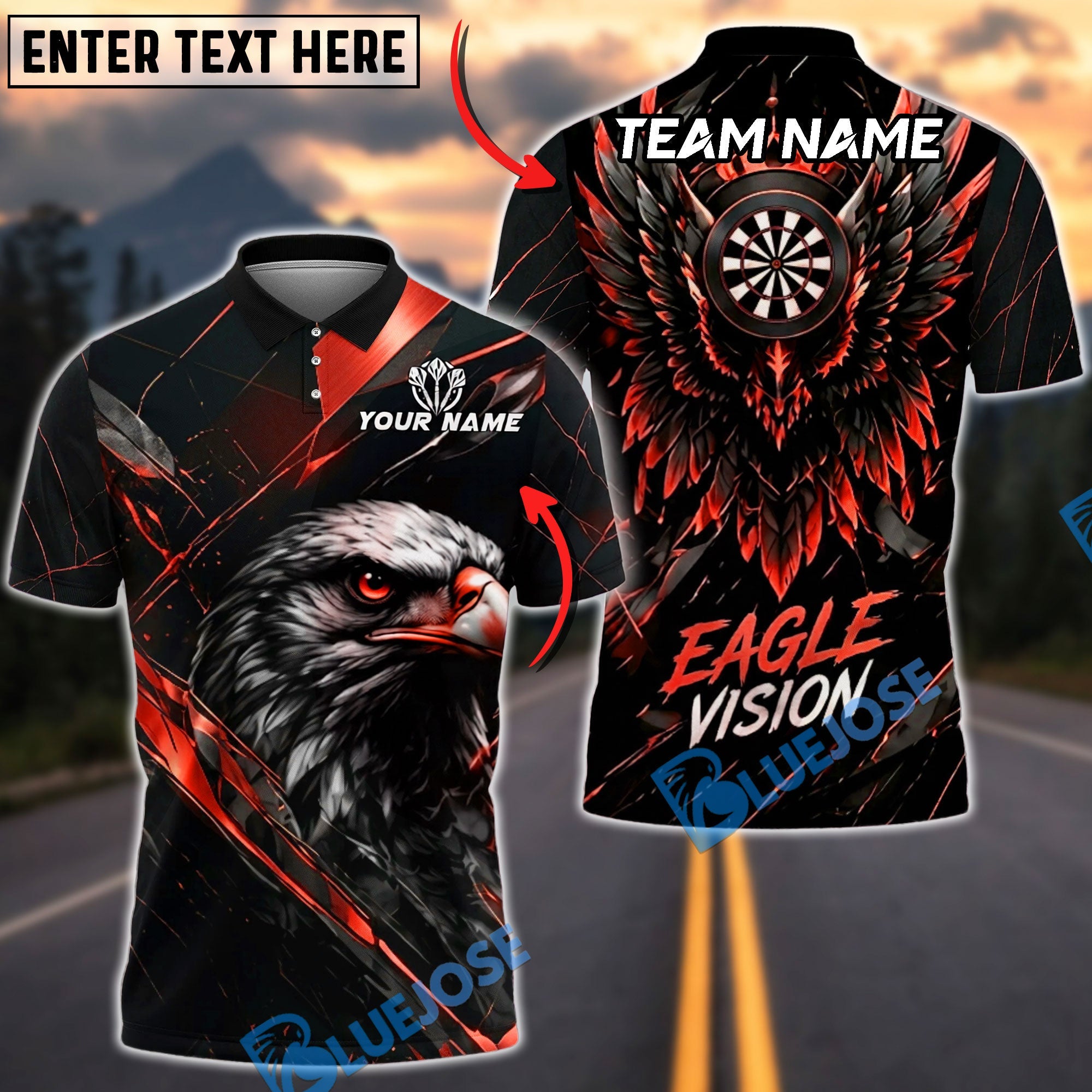 BlueJose Darts Eagle Vision Golden Wing Design Personalized Name, Team Name Unisex Shirt (6 Colors)