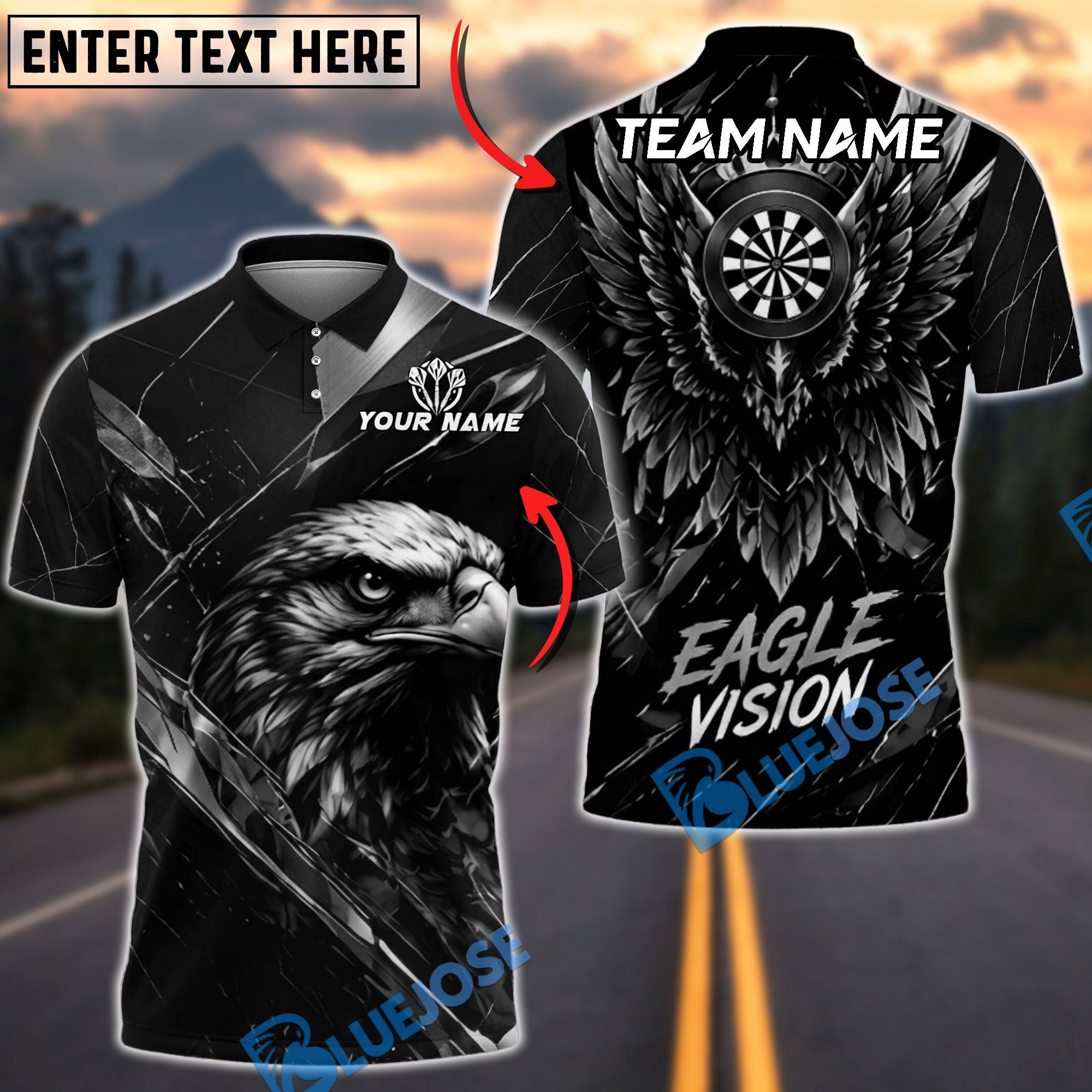 BlueJose Darts Eagle Vision Golden Wing Design Personalized Name, Team Name Unisex Shirt (6 Colors)