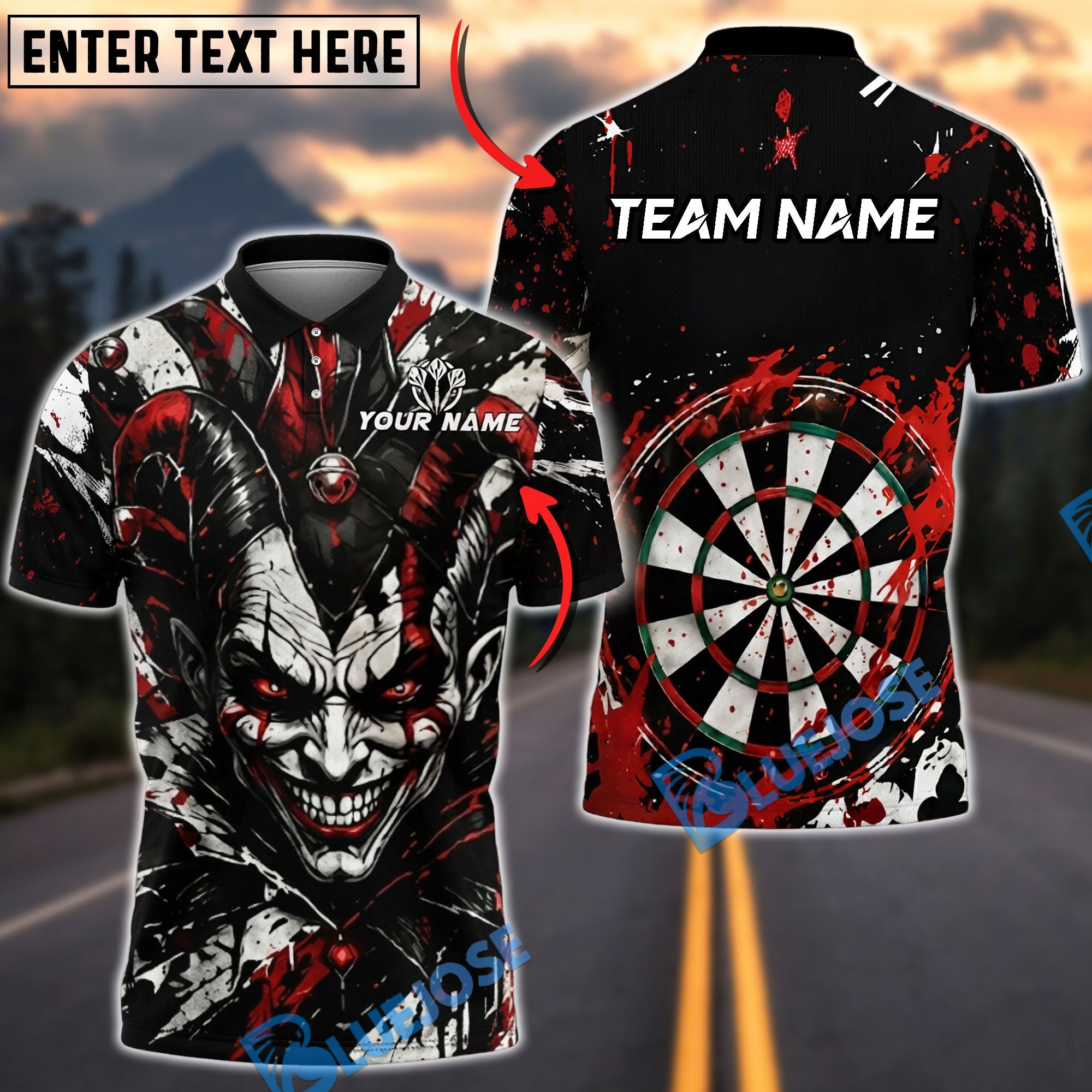 BlueJose Darts Evil Jester Chaos Design Personalized Name, Team Name Unisex Shirt (4 Colors)