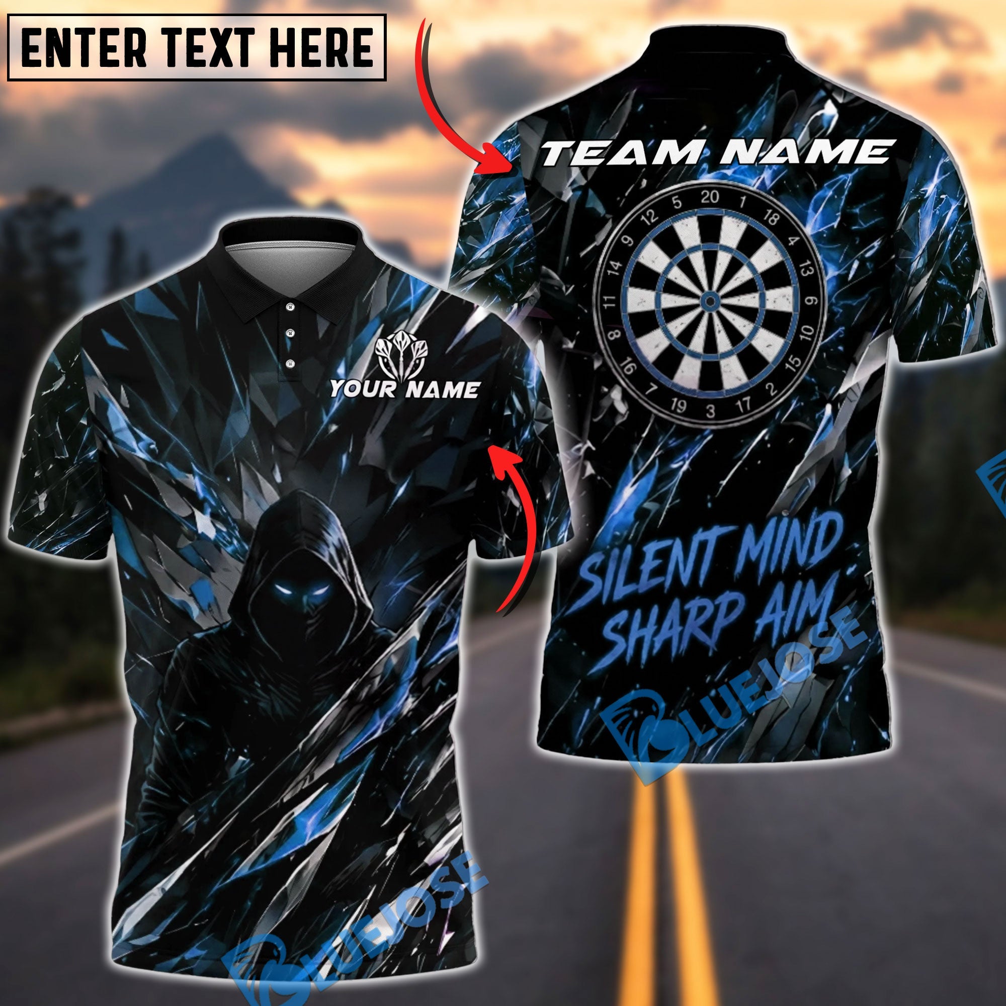 BlueJose Darts Shadow Assassin Design Personalized Name, Team Name Unisex Shirt (4 Colors)