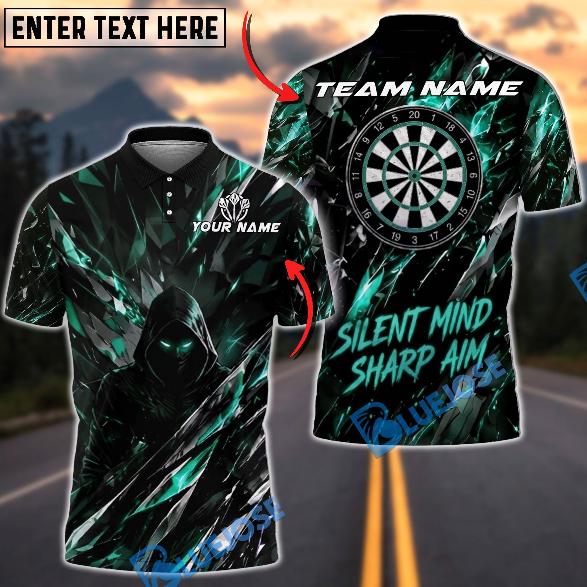BlueJose Darts Shadow Assassin Design Personalized Name, Team Name Unisex Shirt (4 Colors)