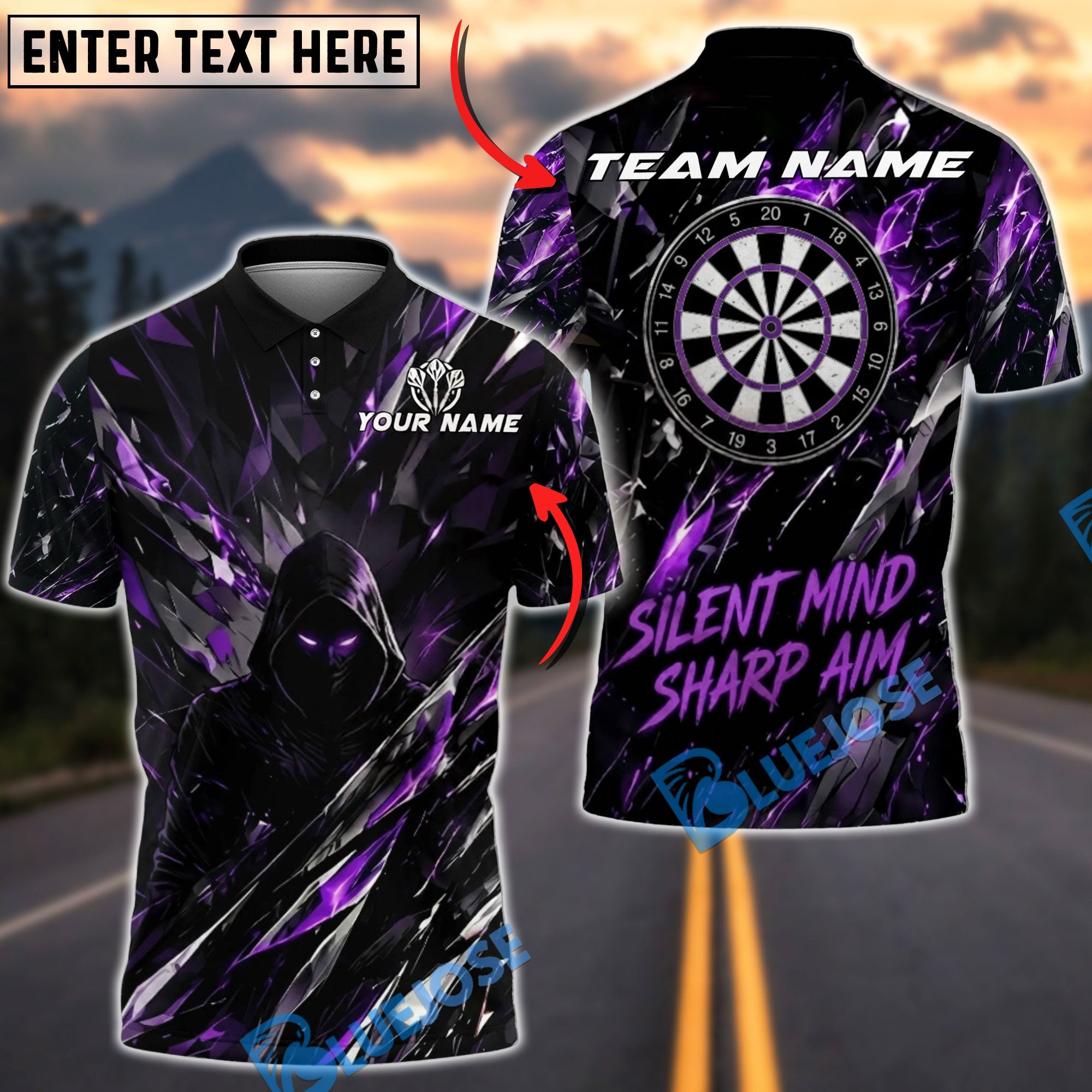 BlueJose Darts Shadow Assassin Design Personalized Name, Team Name Unisex Shirt (4 Colors)