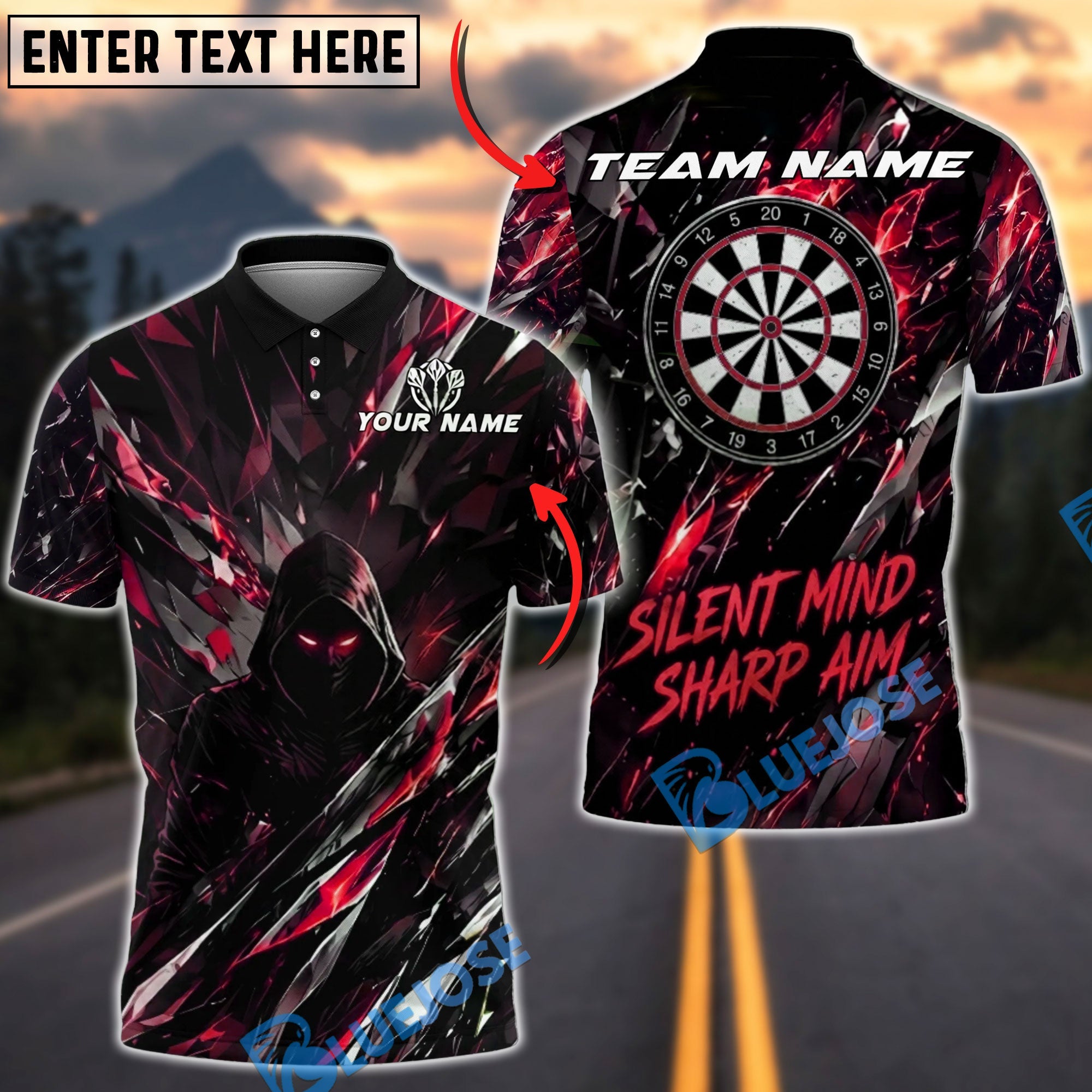 BlueJose Darts Shadow Assassin Design Personalized Name, Team Name Unisex Shirt (4 Colors)