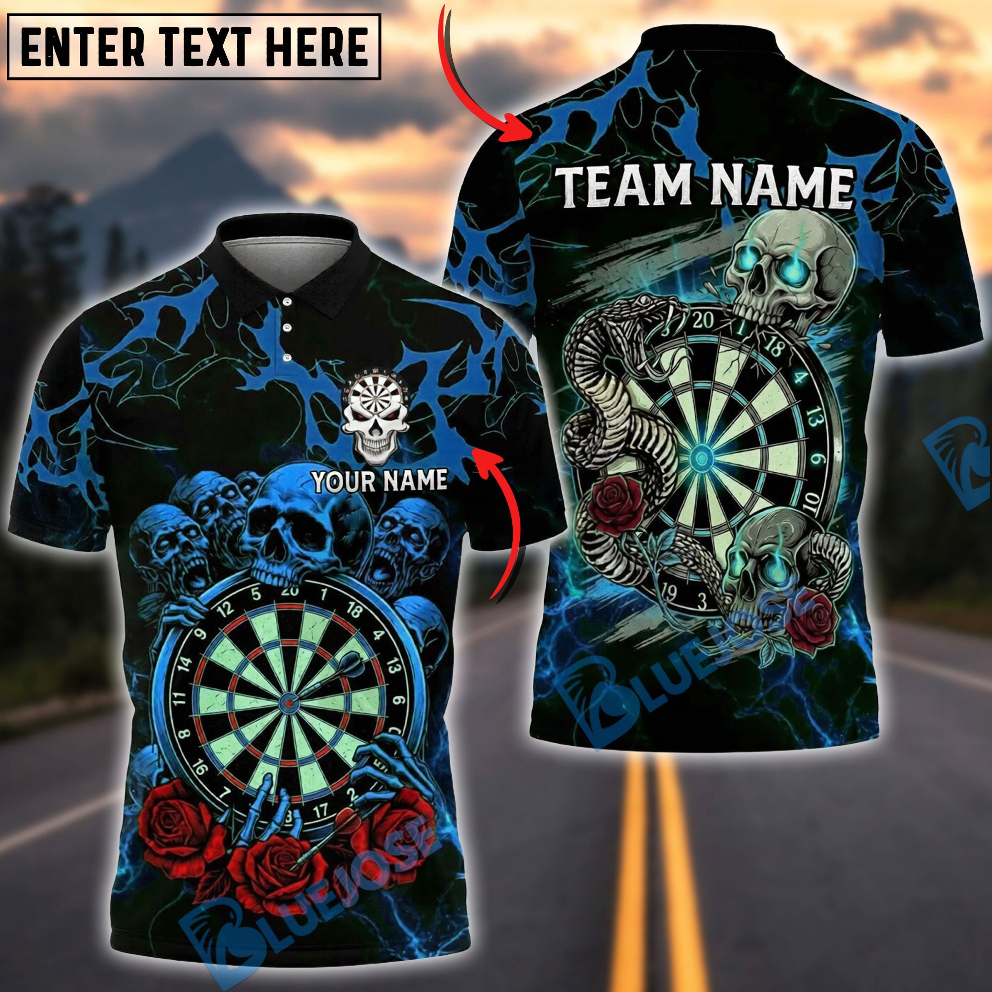 BlueJose Darts Skull Gothic Snake Rose Art Personalized Name, Team Name Unisex Shirt (4 Colors)