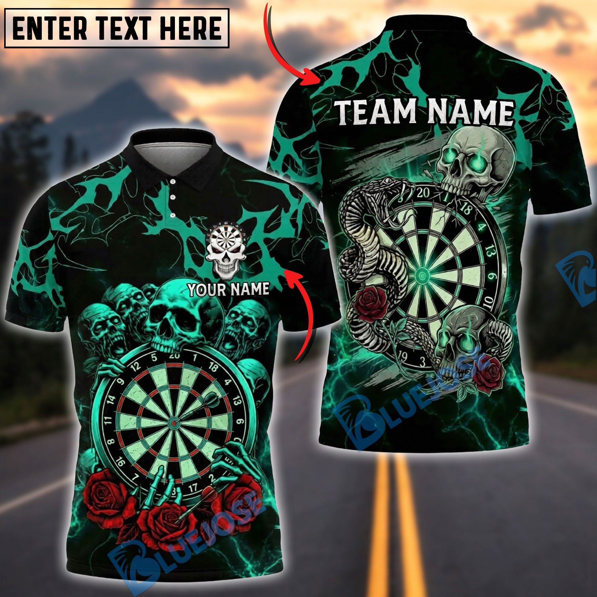 BlueJose Darts Skull Gothic Snake Rose Art Personalized Name, Team Name Unisex Shirt (4 Colors)