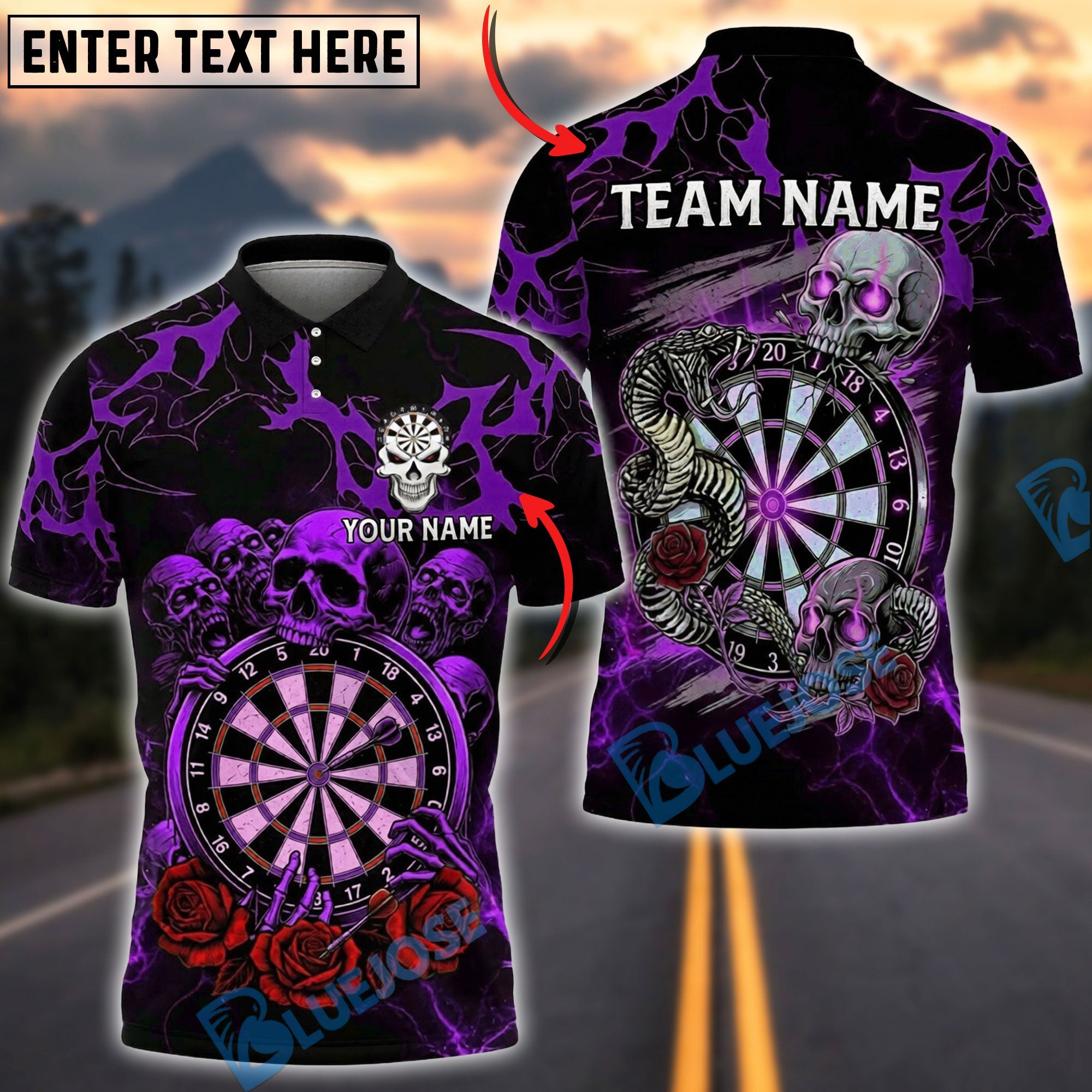 BlueJose Darts Skull Gothic Snake Rose Art Personalized Name, Team Name Unisex Shirt (4 Colors)