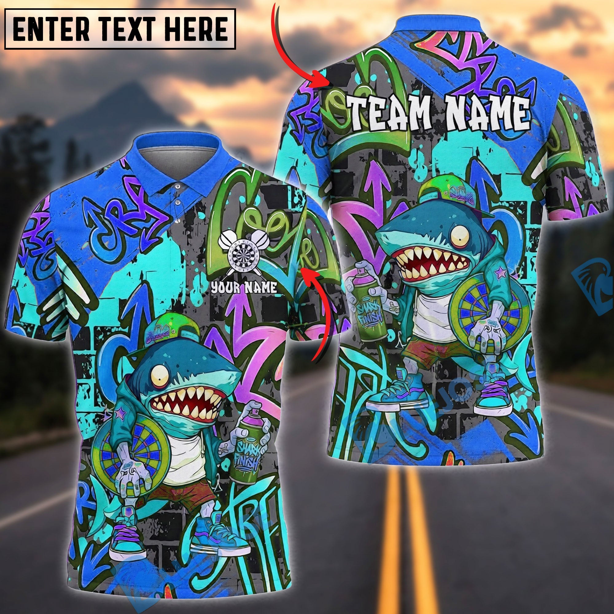 BlueJose Darts Graffiti Shark Zombie Streetwear Personalized Name, Team Name Unisex Shirt (4 Colors)