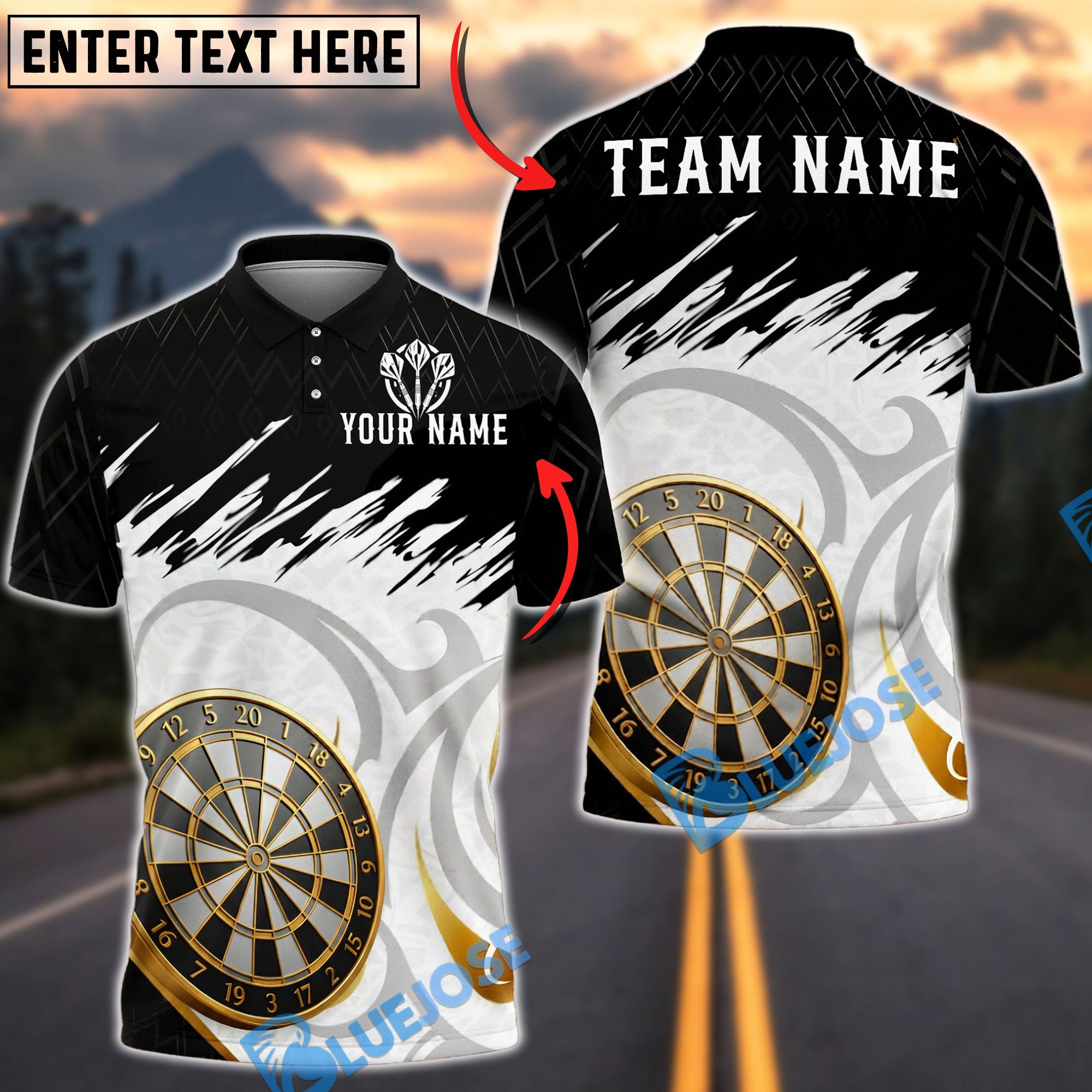 BlueJose Darts Dartboard Gold Trim Minimalist Design Personalized Name, Team Name Unisex Shirt (6 Colors)