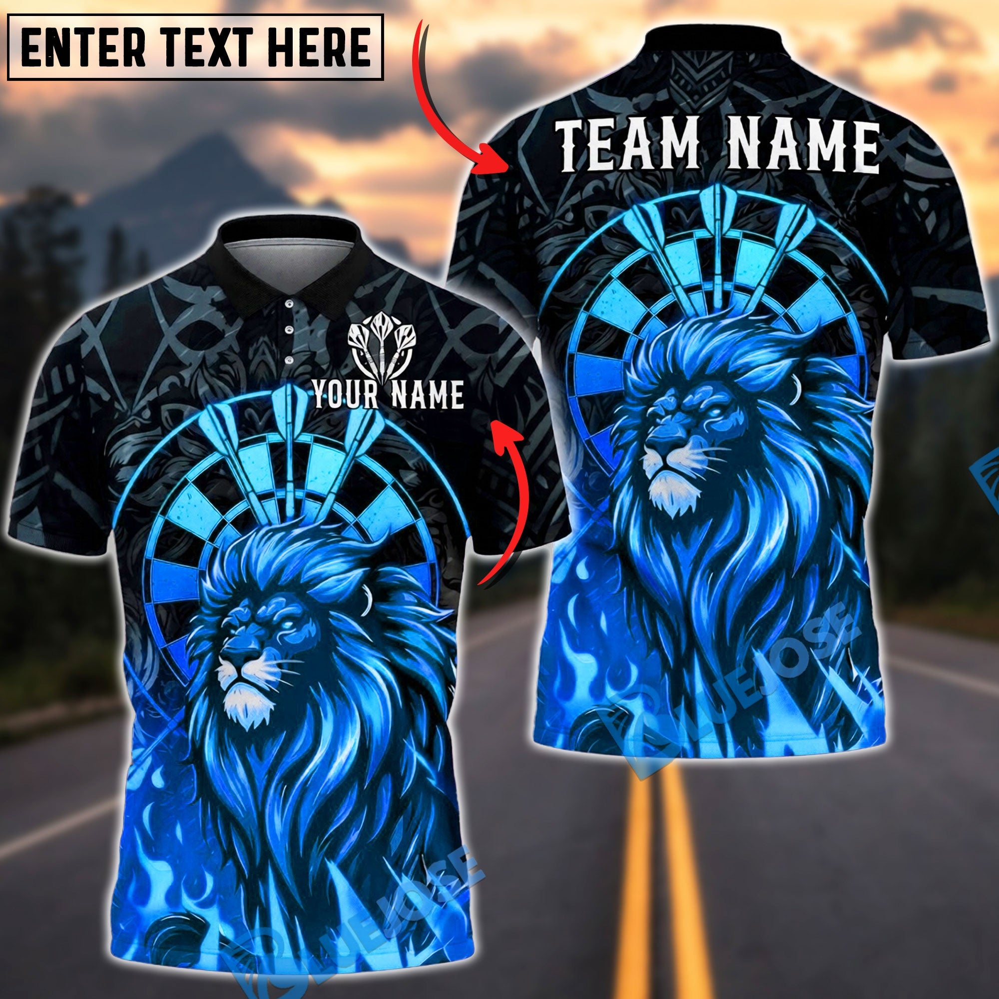BlueJose Darts Lion Neon Flame Artwork Personalized Name, Team Name Unisex Shirt (4 Colors)