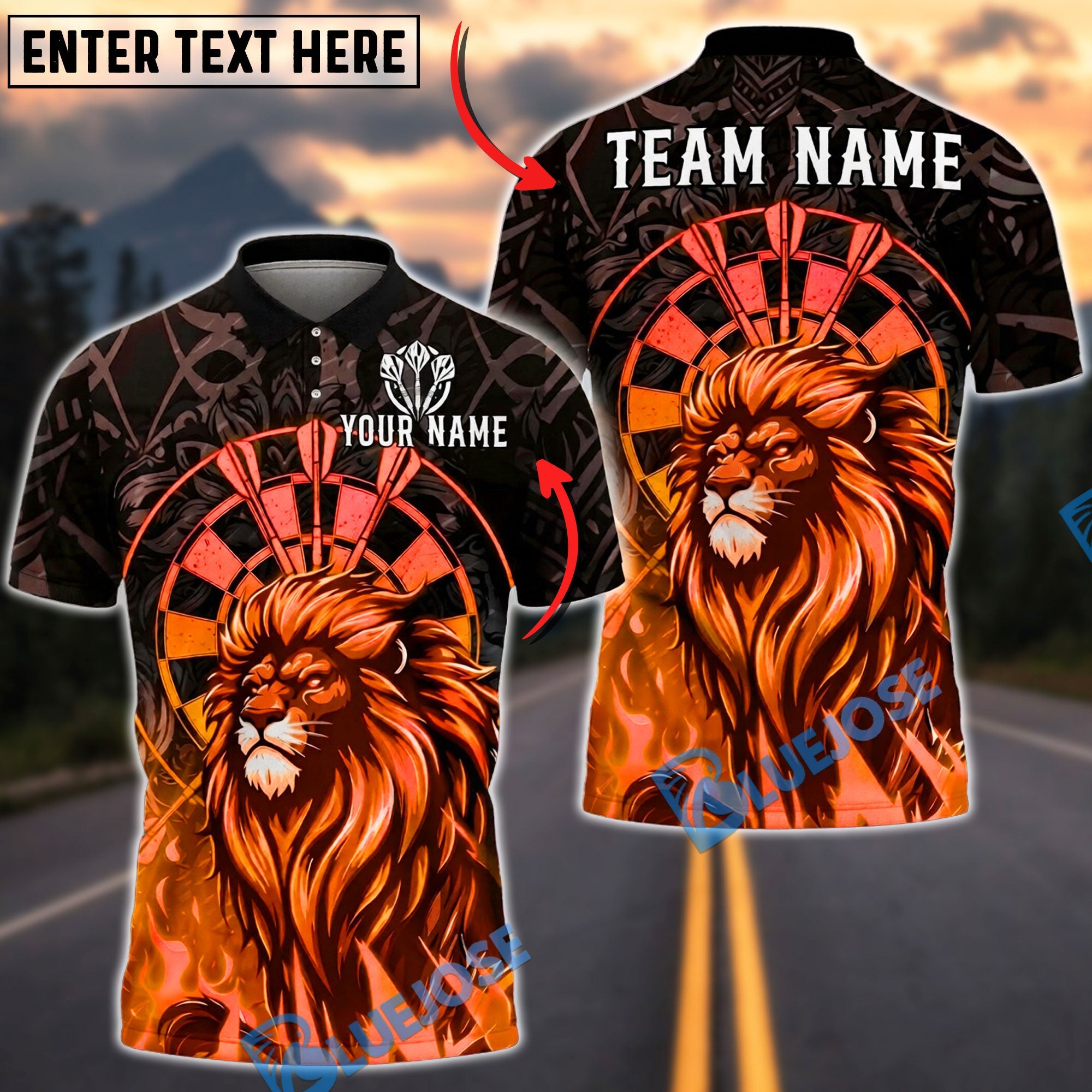 BlueJose Darts Lion Neon Flame Artwork Personalized Name, Team Name Unisex Shirt (4 Colors)