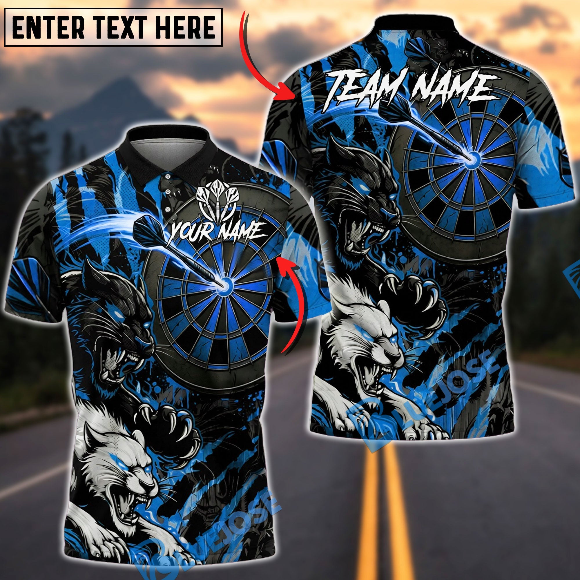 BlueJose Darts Fierce Wolf Attack Personalized Name, Team Name Unisex Shirt (4 Colors)