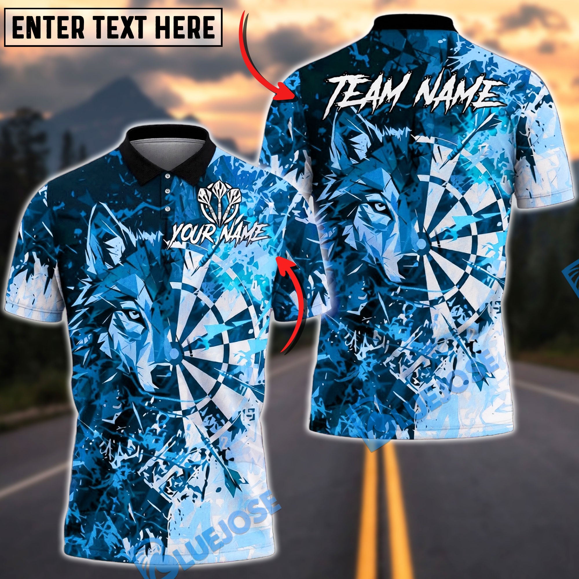 BlueJose Darts Wolf Spirit Personalized Name, Team Name Unisex Shirt (4 Colors)
