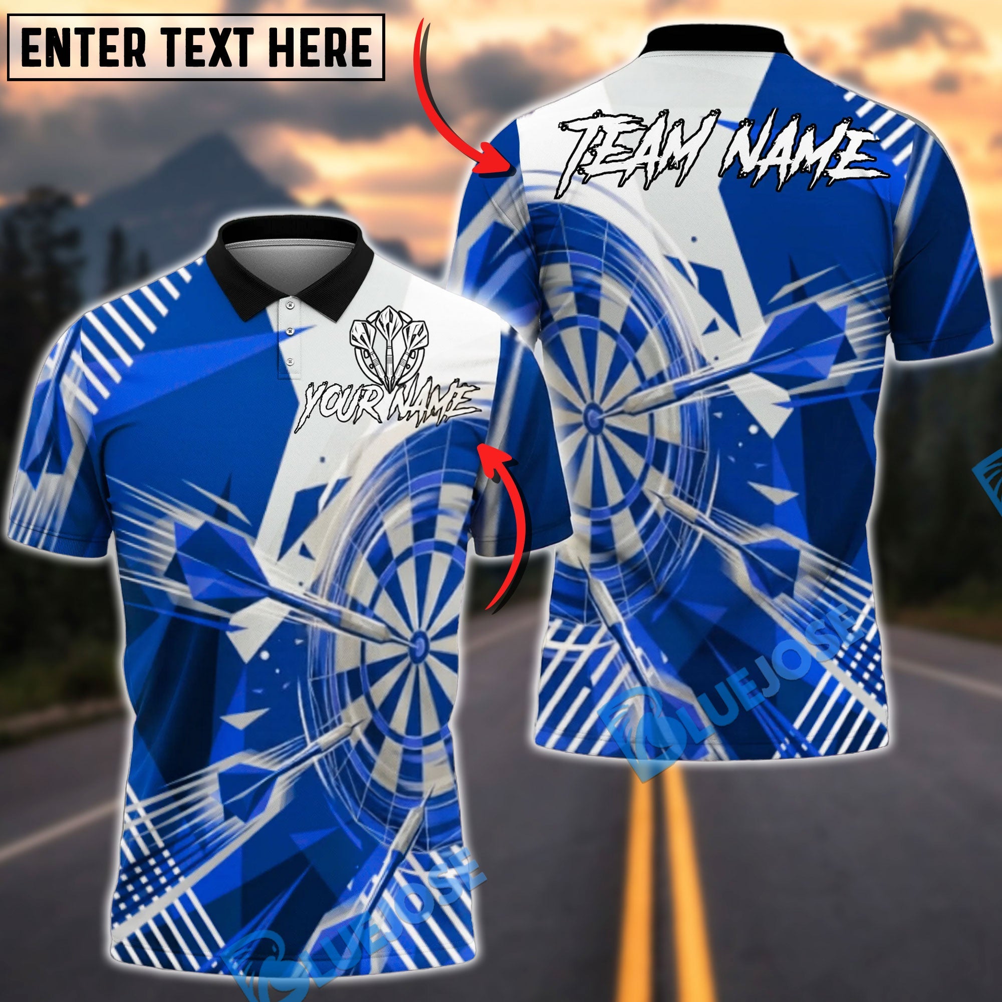 BlueJose Darts Bullseye Geometric Burst Personalized Name, Team Name Unisex Shirt (4 Colors)