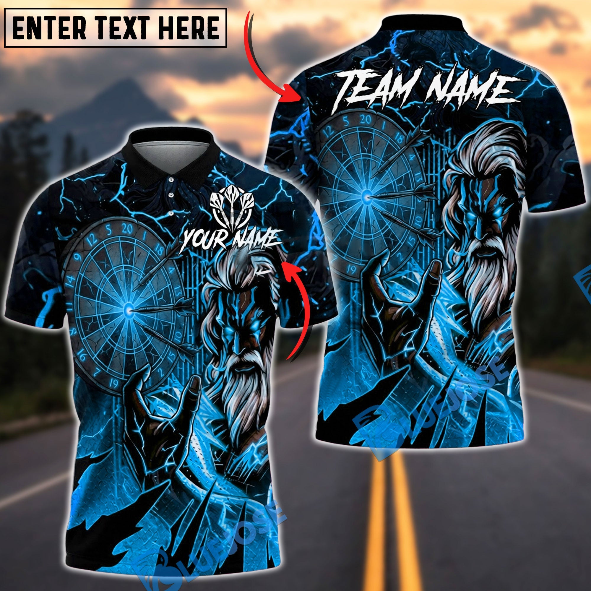 BlueJose Darts Thunder God Lightning Warrior Personalized Name, Team Name Unisex Shirt (6 Colors)