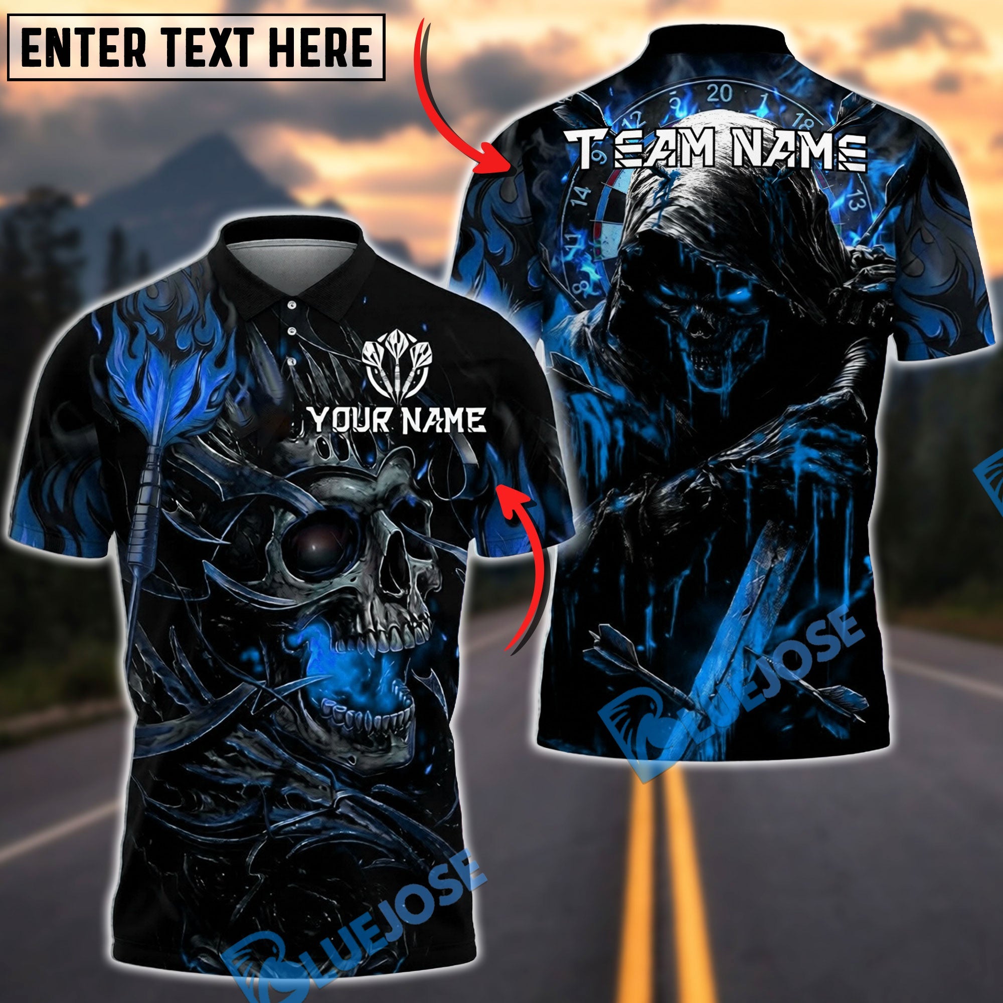 BlueJose Darts Grim Reaper Skull Flame Dark Fantasy Design Personalized Name, Team Name Unisex Shirt (4 Colors)