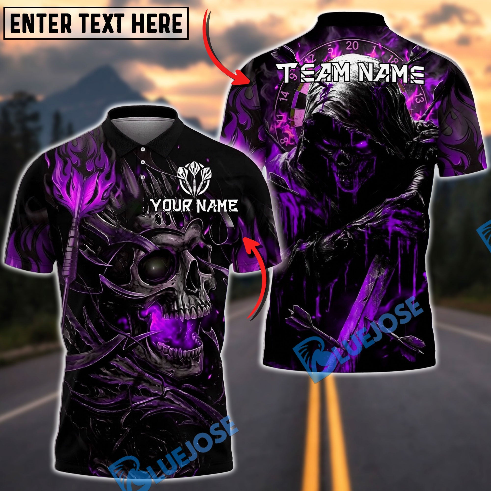BlueJose Darts Grim Reaper Skull Flame Dark Fantasy Design Personalized Name, Team Name Unisex Shirt (4 Colors)