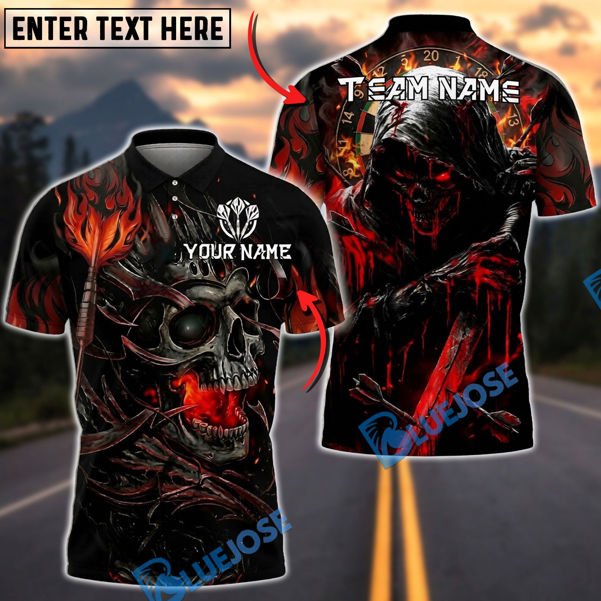 BlueJose Darts Grim Reaper Skull Flame Dark Fantasy Design Personalized Name, Team Name Unisex Shirt (4 Colors)
