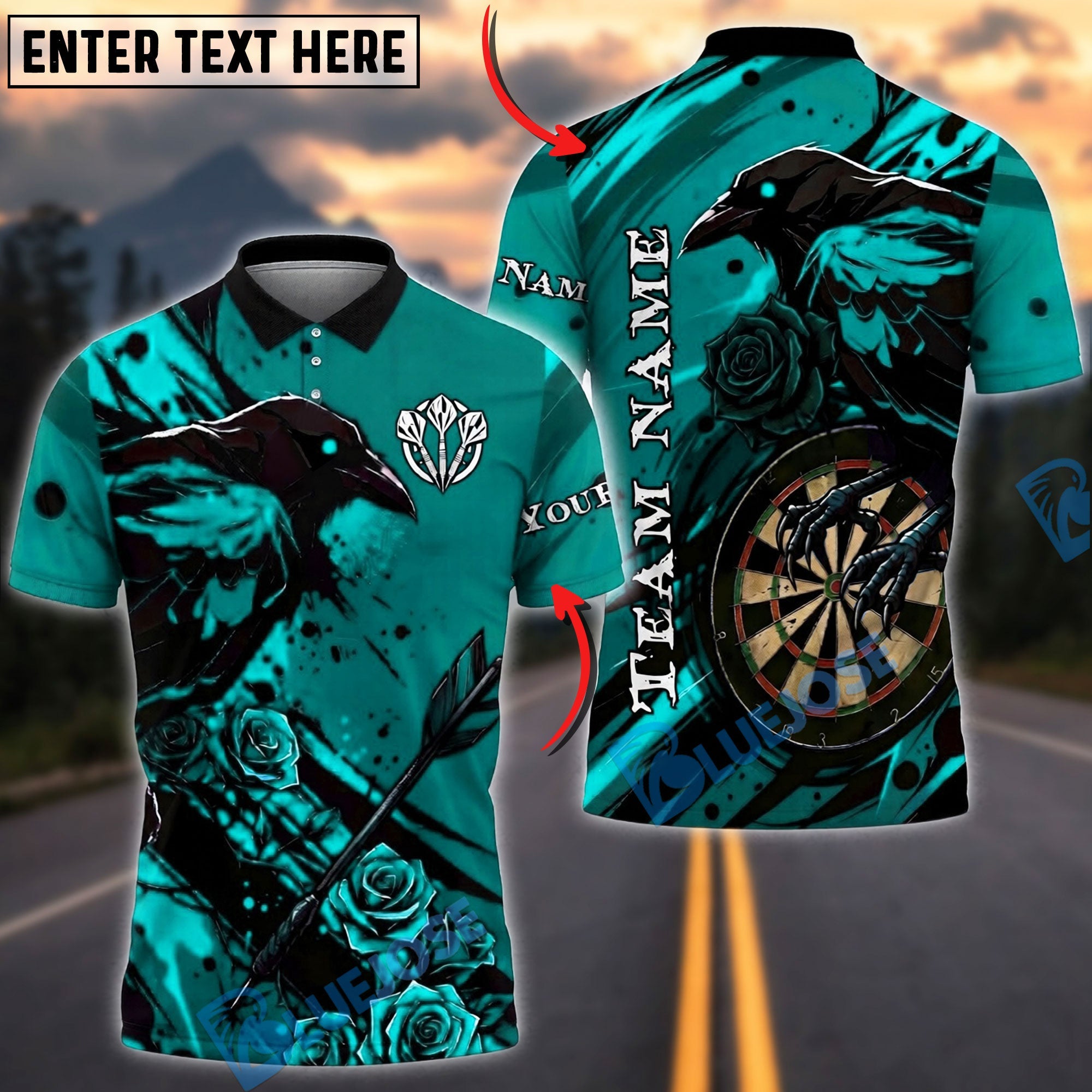 BlueJose Darts Raven Gothic Roses Personalized Name, Team Name Unisex Shirt (4 Colors)