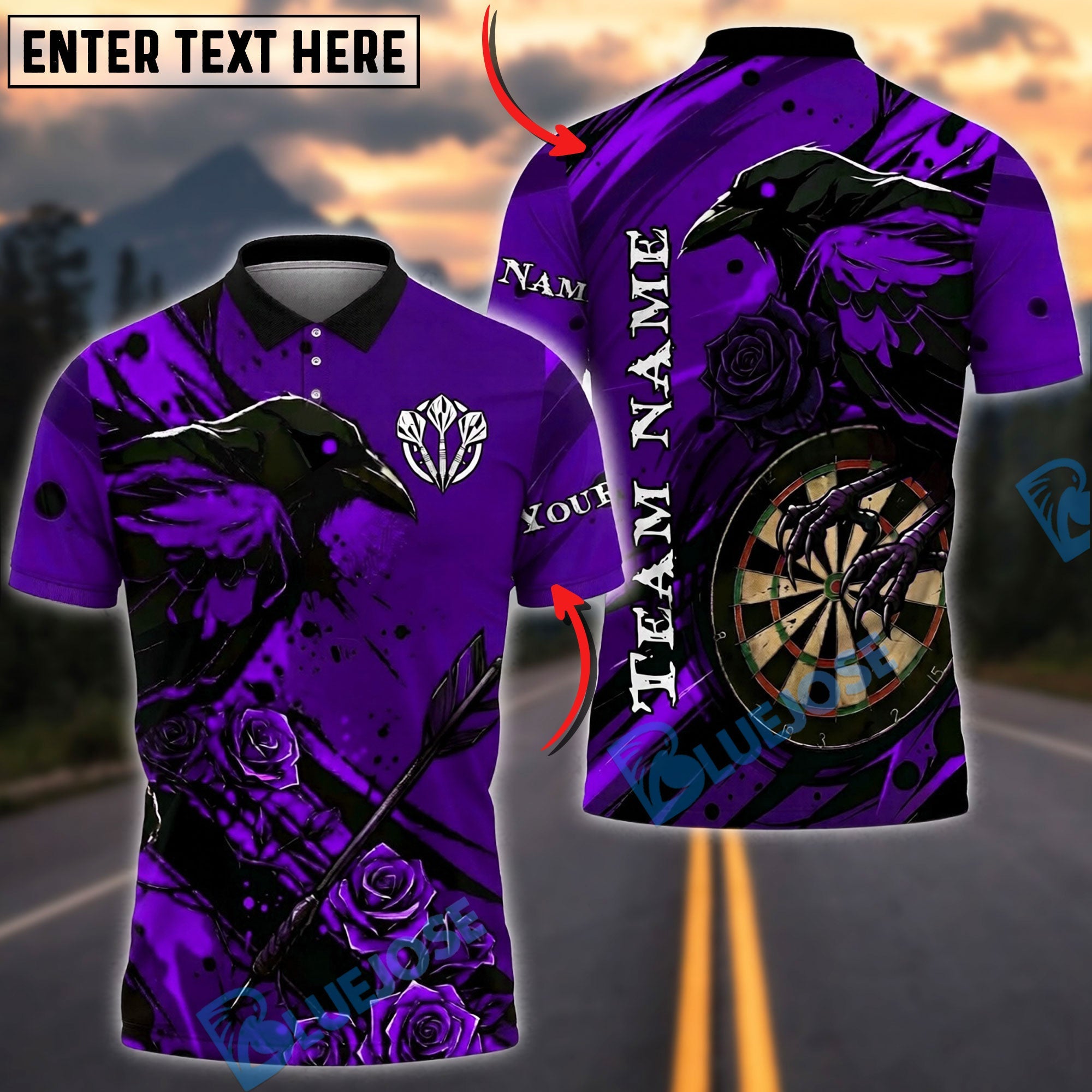 BlueJose Darts Raven Gothic Roses Personalized Name, Team Name Unisex Shirt (4 Colors)