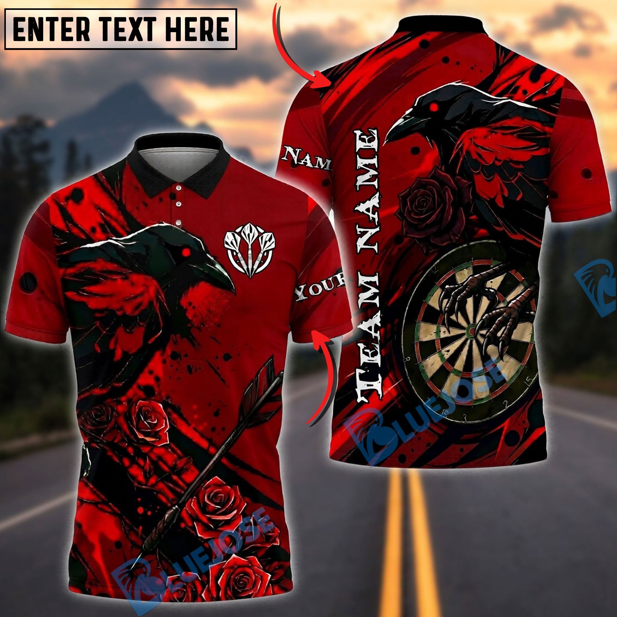 BlueJose Darts Raven Gothic Roses Personalized Name, Team Name Unisex Shirt (4 Colors)