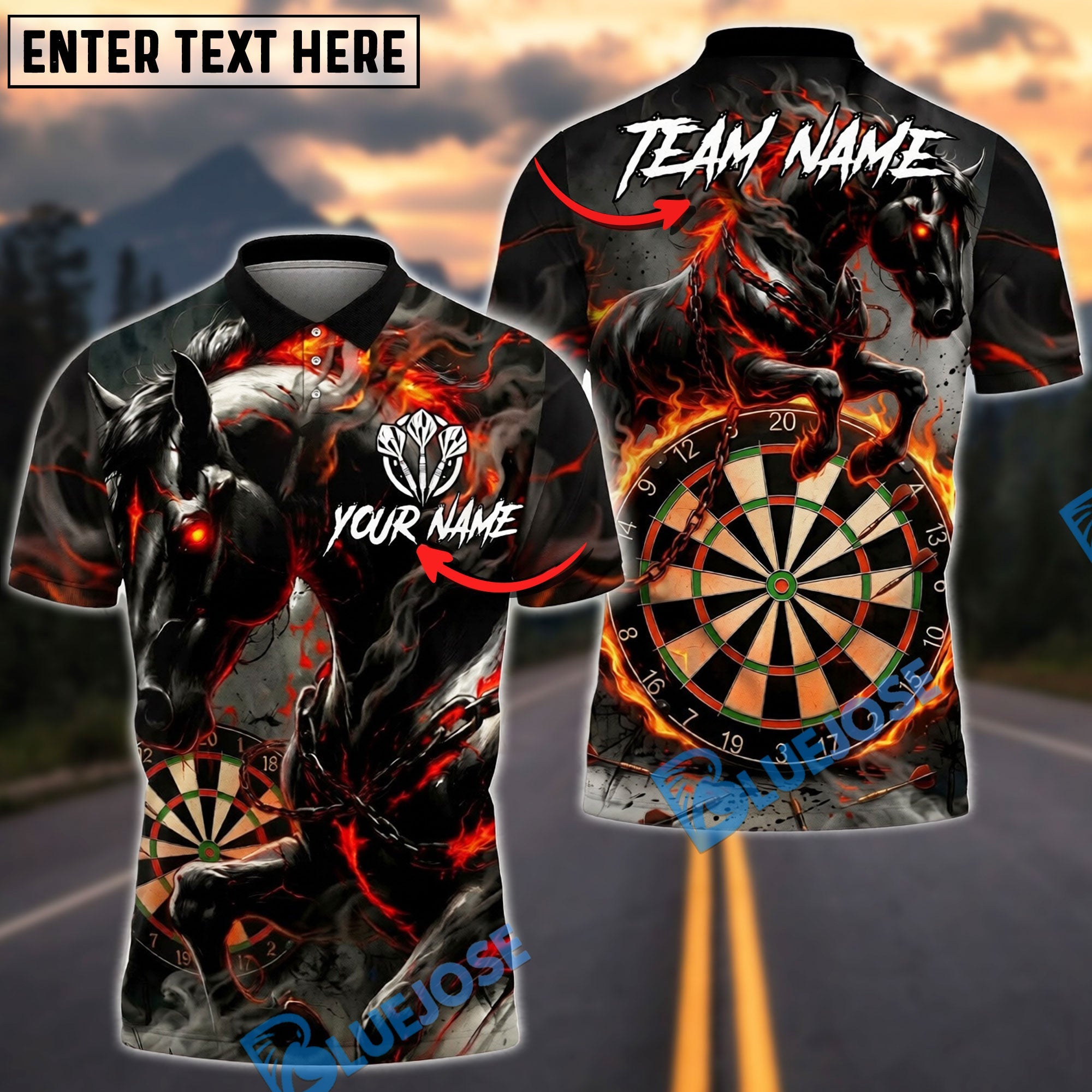 BlueJose Darts Horse Fiery Dark Fantasy Personalized Name, Team Name Unisex Shirt (4 Colors)