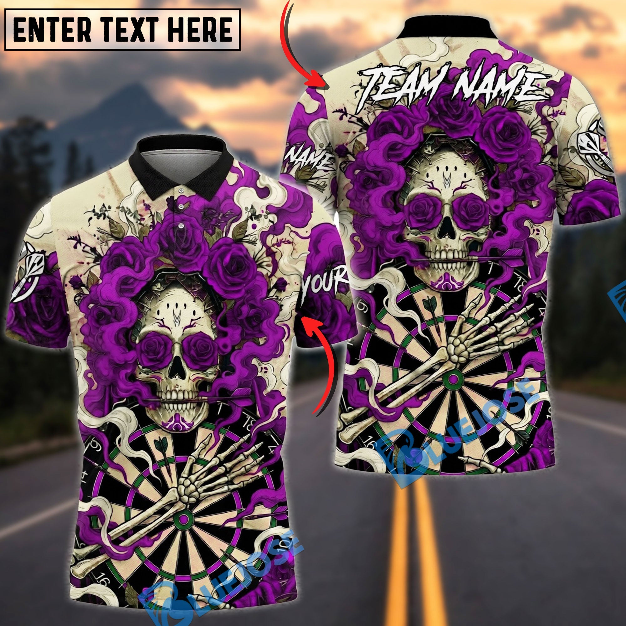 BlueJose Darts Skull Rose Queen Gothic Personalized Name, Team Name Unisex Shirt (4 Colors)