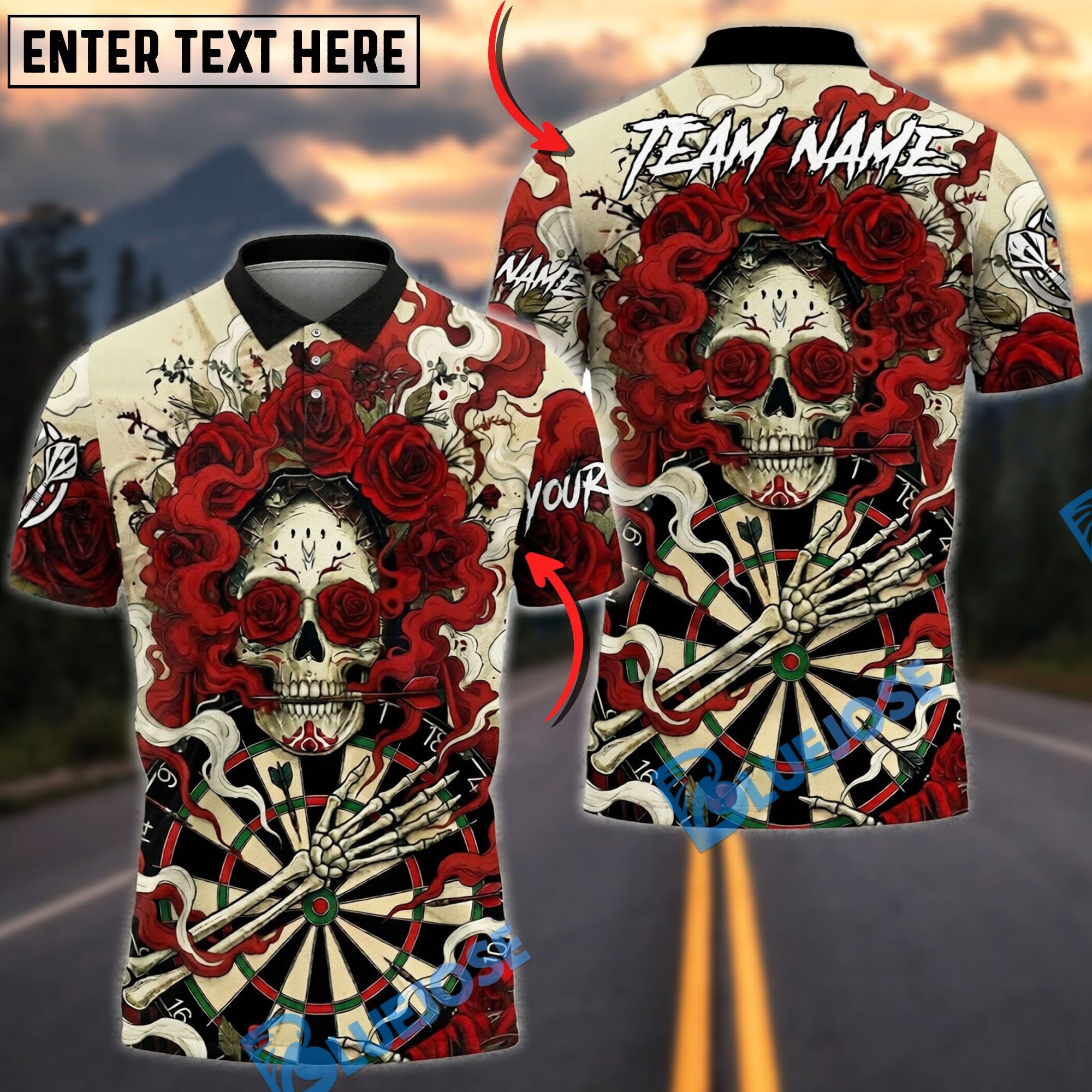 BlueJose Darts Skull Rose Queen Gothic Personalized Name, Team Name Unisex Shirt (4 Colors)