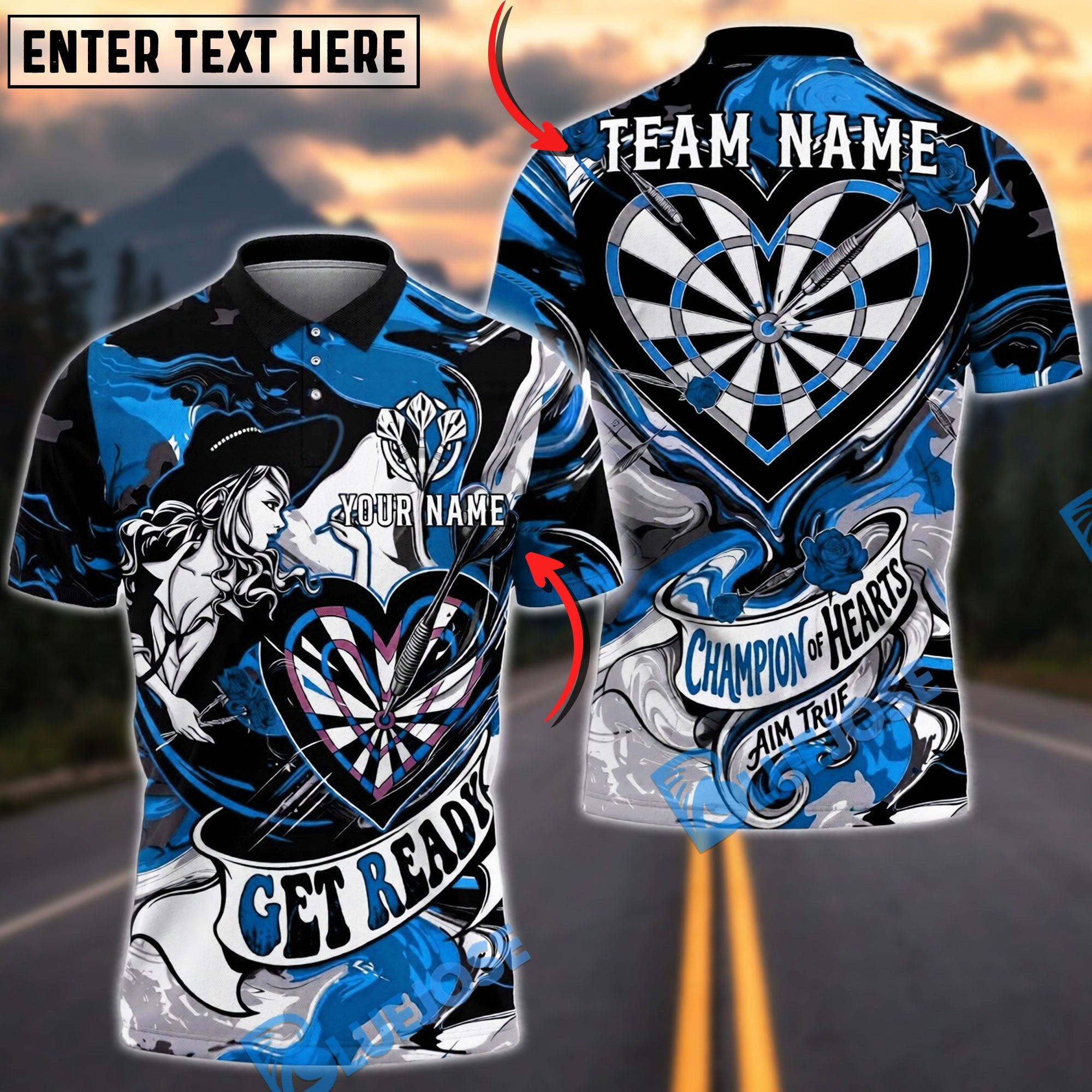 BlueJose Darts Lady Champion of Hearts Personalized Name, Team Name Unisex Shirt (4 Colors)